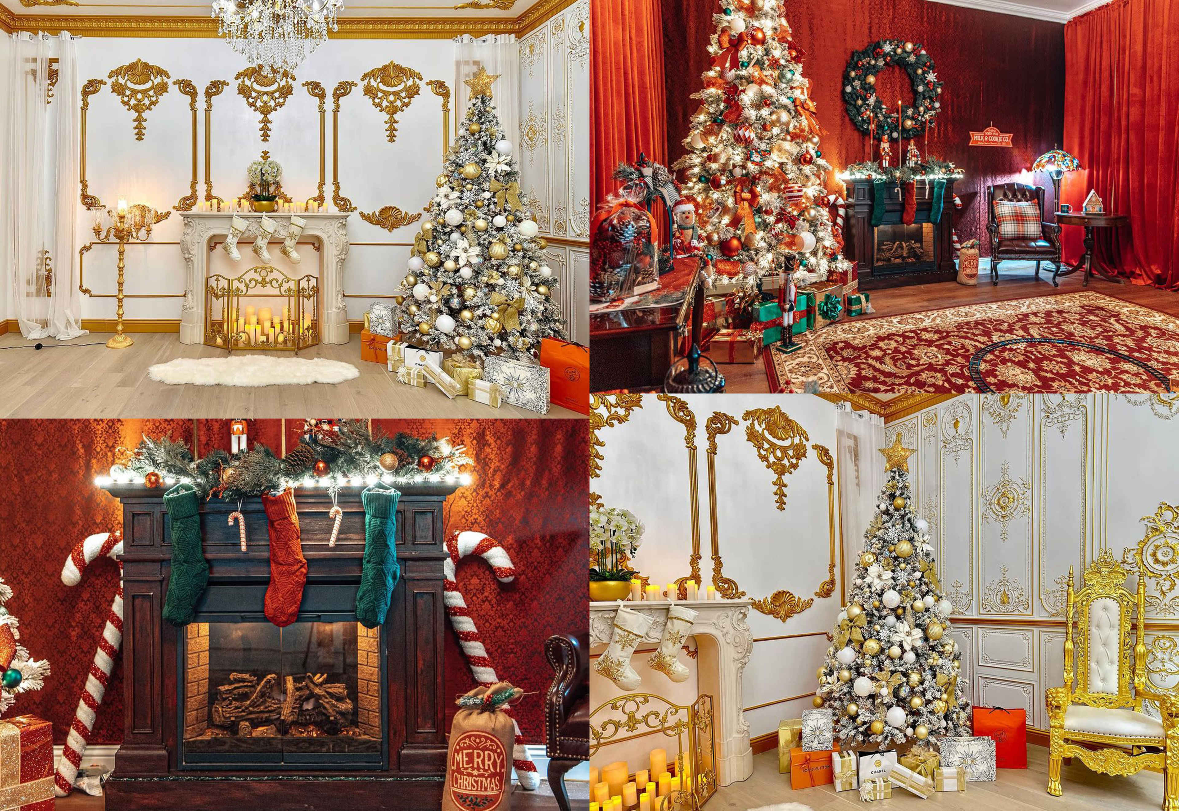 The image features a luxurious, holiday-themed room with a decorated Christmas tree, a fireplace adorned with stockings, and elegant furnishings, all set against rich red and gold decorations.
