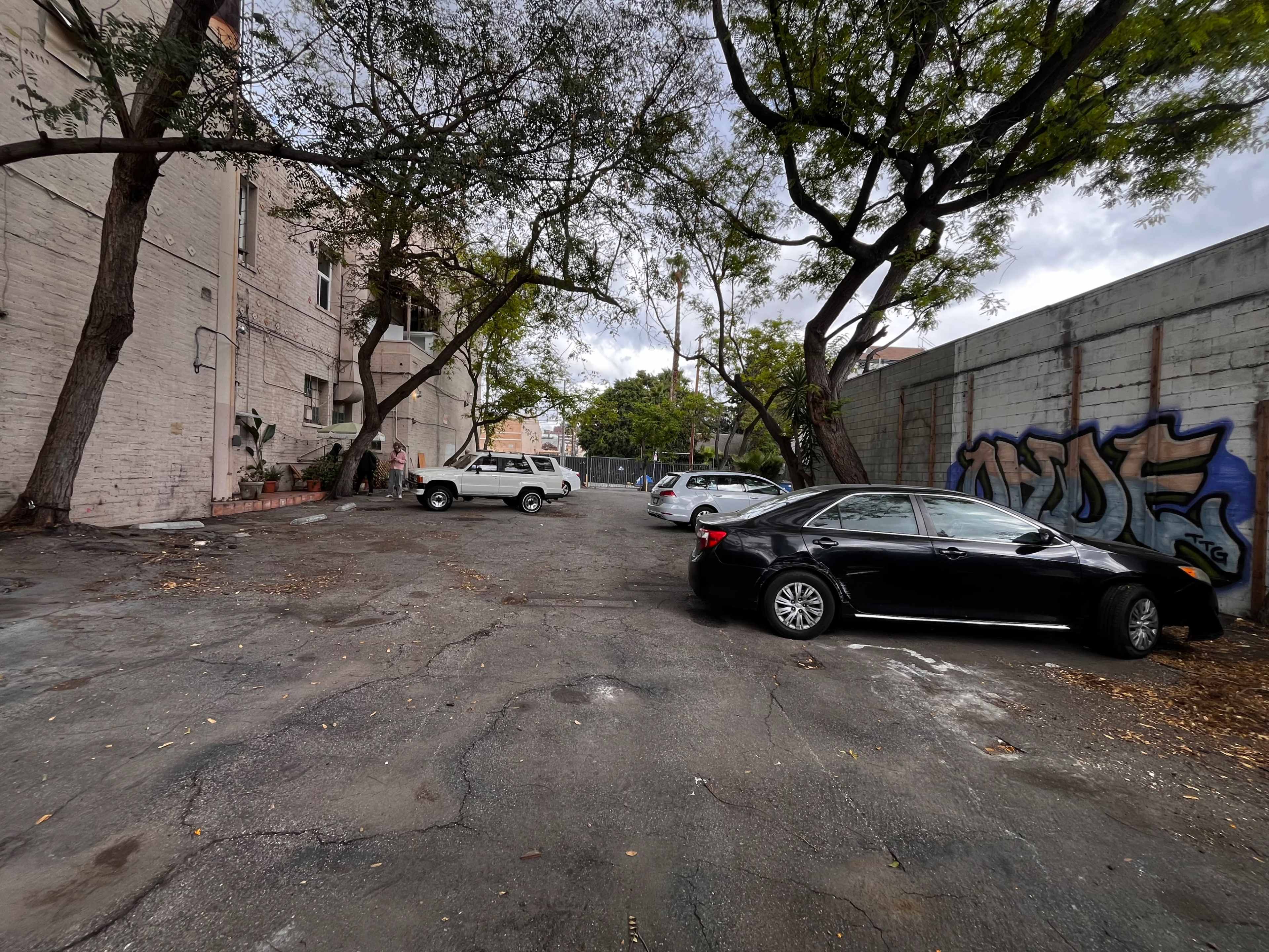The image shows a vacant parking lot with two parked cars, surrounded by tall trees and a graffiti-covered wall.