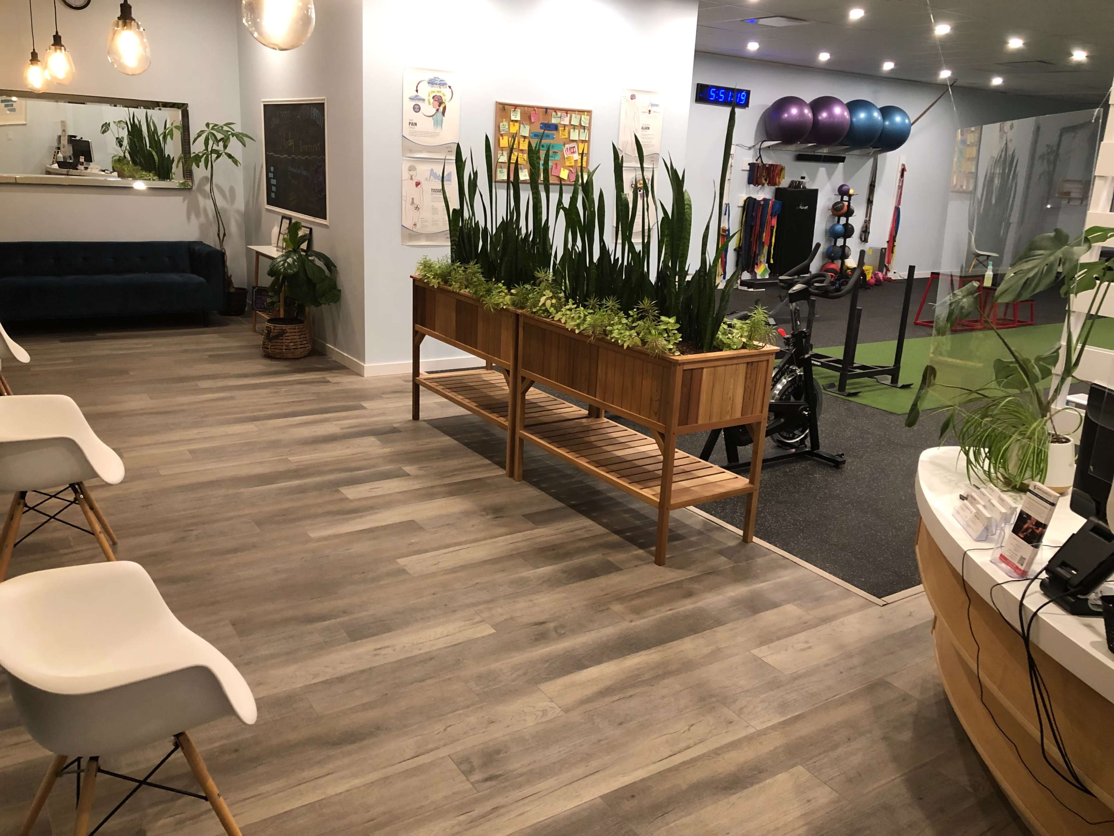 A spacious reception area with wooden flooring, a seating area, a planter with tall green plants, and a gym section visible in the background.