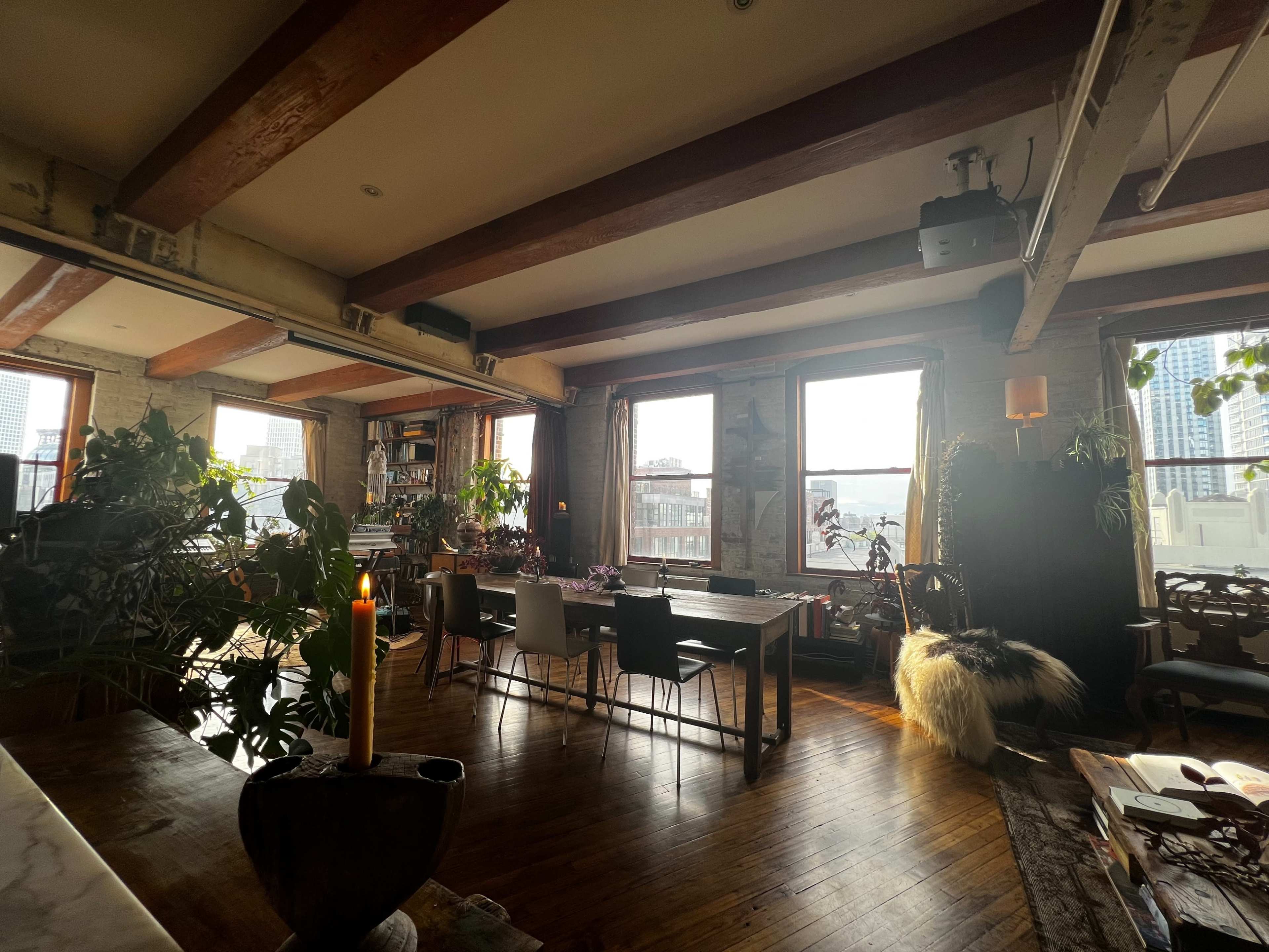 The image shows a spacious, well-lit loft interior with wooden beams, a dining table surrounded by chairs, and various plants placed throughout.