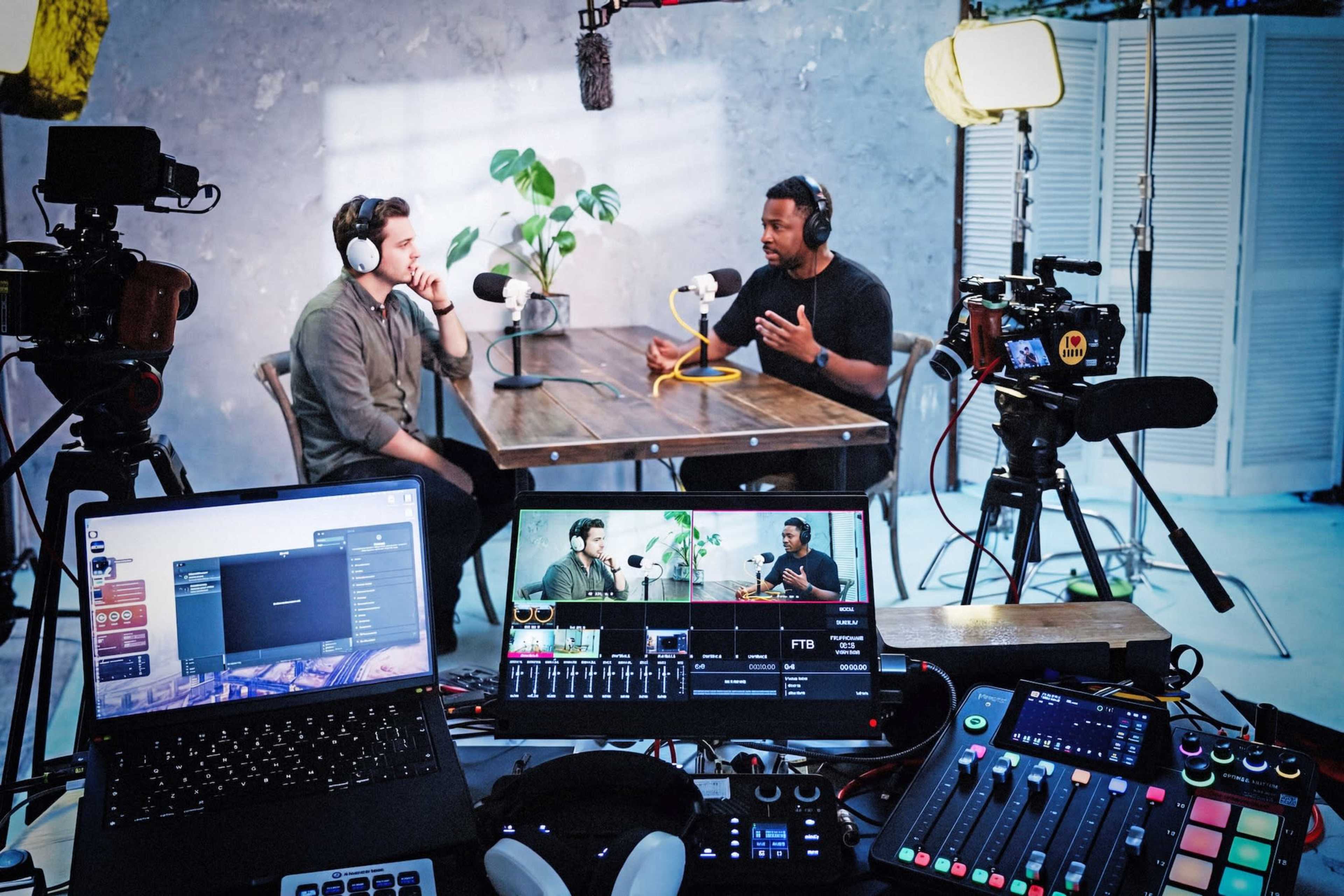 Two men engage in a conversation at a table set up with cameras and audio equipment in a well-lit studio.