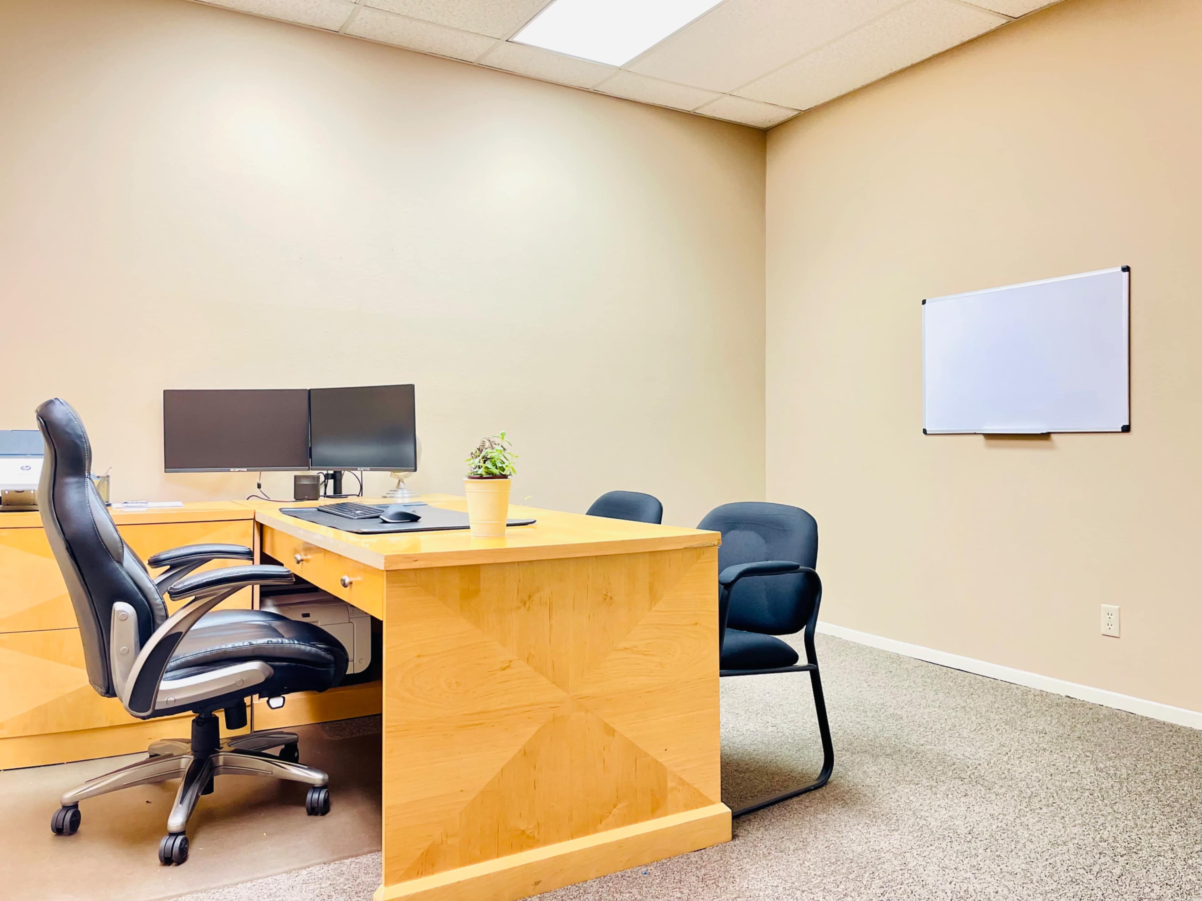 The image shows a simple office setup featuring a wooden desk with two computer monitors, an office chair, a potted plant, and a whiteboard on the wall.