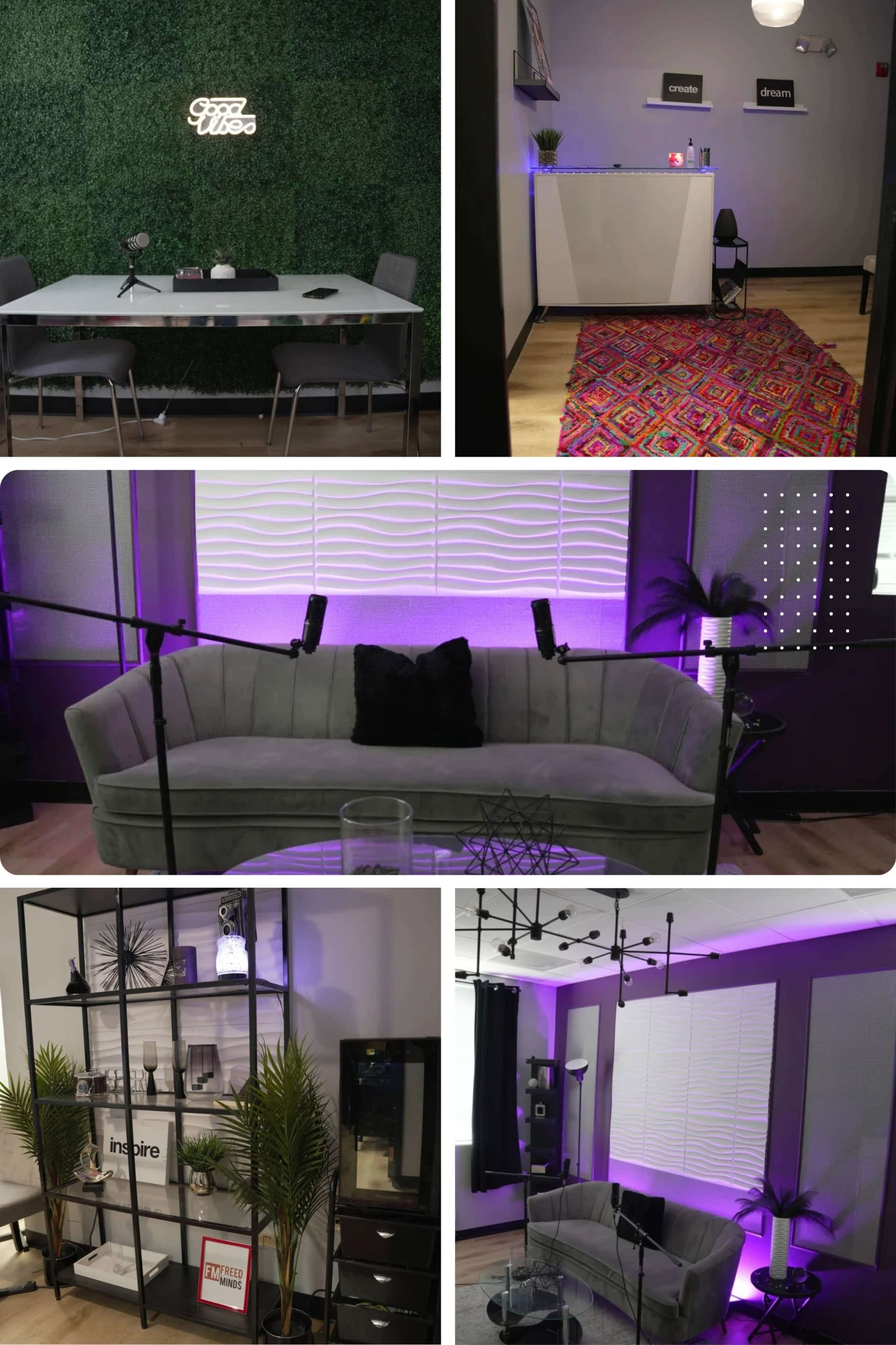 The image showcases a modern office space featuring several distinct areas, including a meeting room with a greenery wall, a reception area with a white desk, and a lounge area with a purple accent wall and stylish furniture.