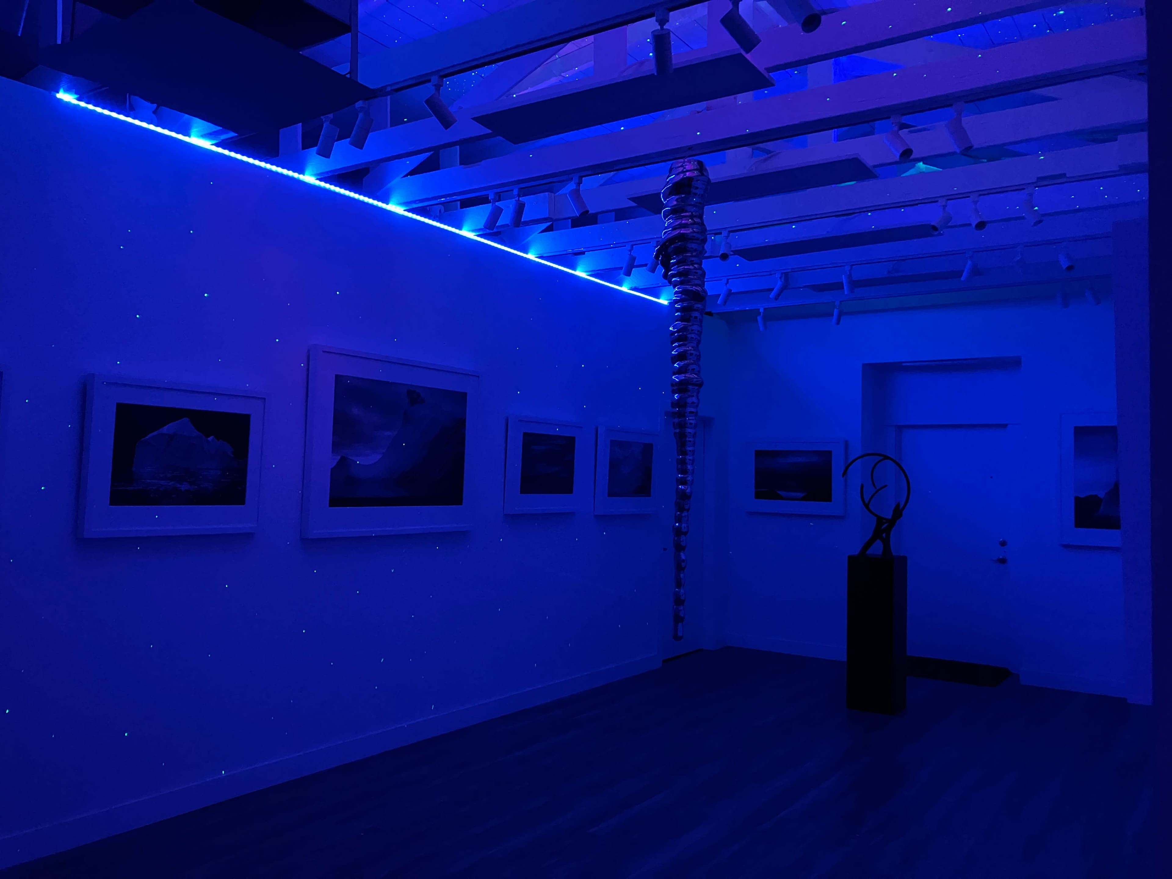 An art gallery with blue lighting, featuring framed photographs on the walls and a sculpture on a pedestal.