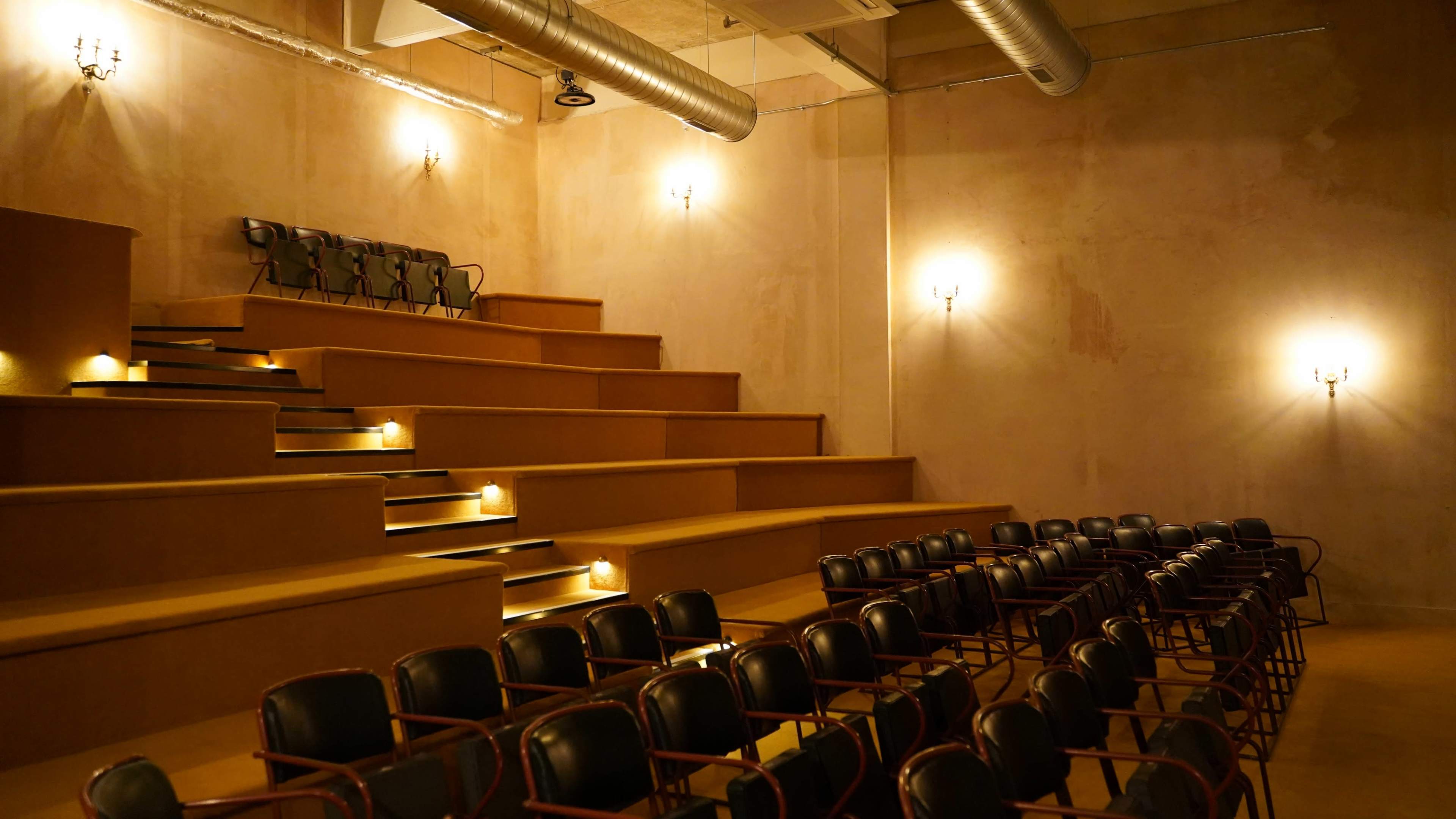 The image shows an intimate theater space with tiered seating and soft lighting.