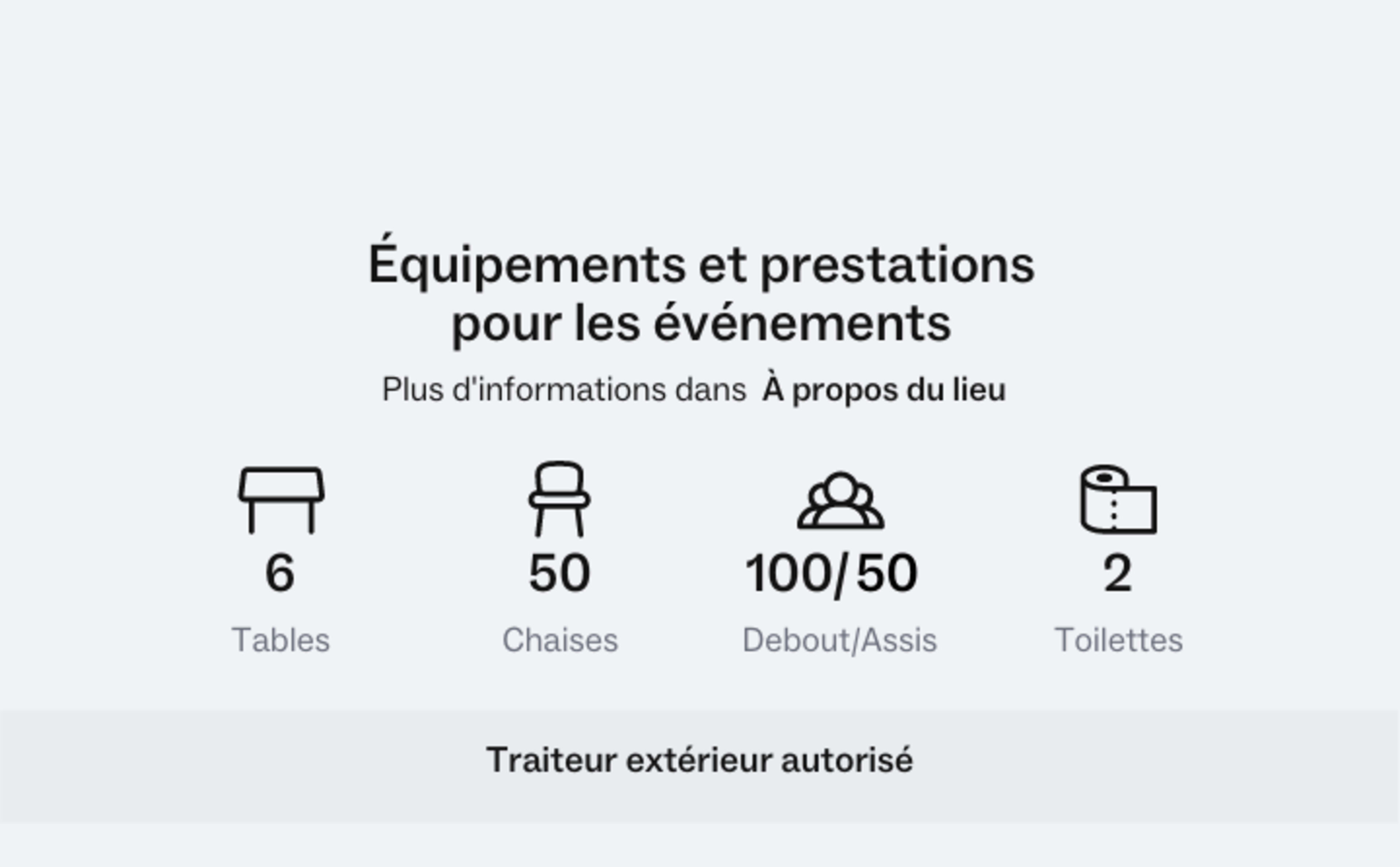 The image lists event facilities and services, including 6 tables, 50 chairs, capacity for 100/50 standing/seated, and 2 restrooms, with a note about authorized external catering.