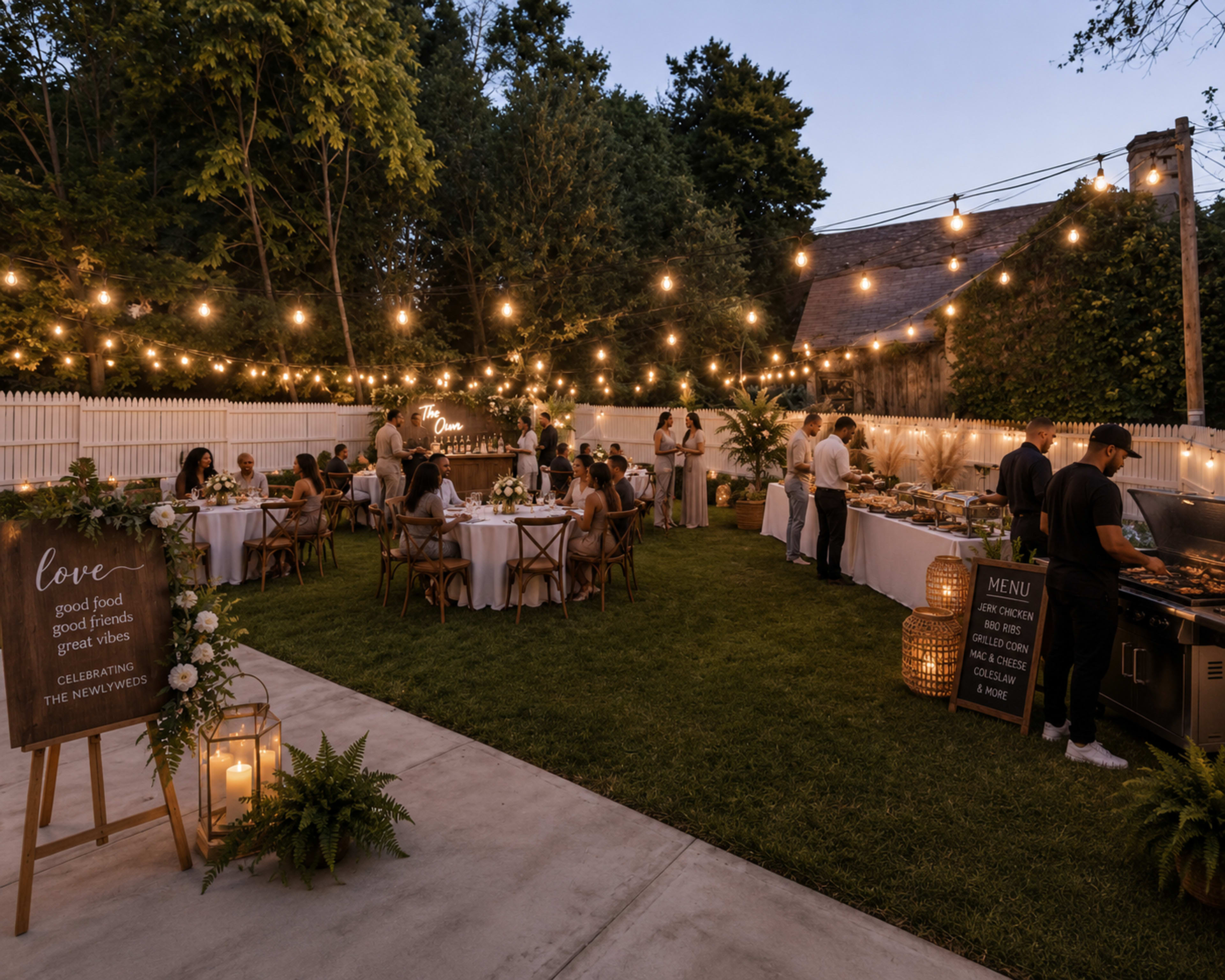 A garden party is set up with tables and string lights, featuring guests dining and enjoying a buffet in a decorated outdoor space.
