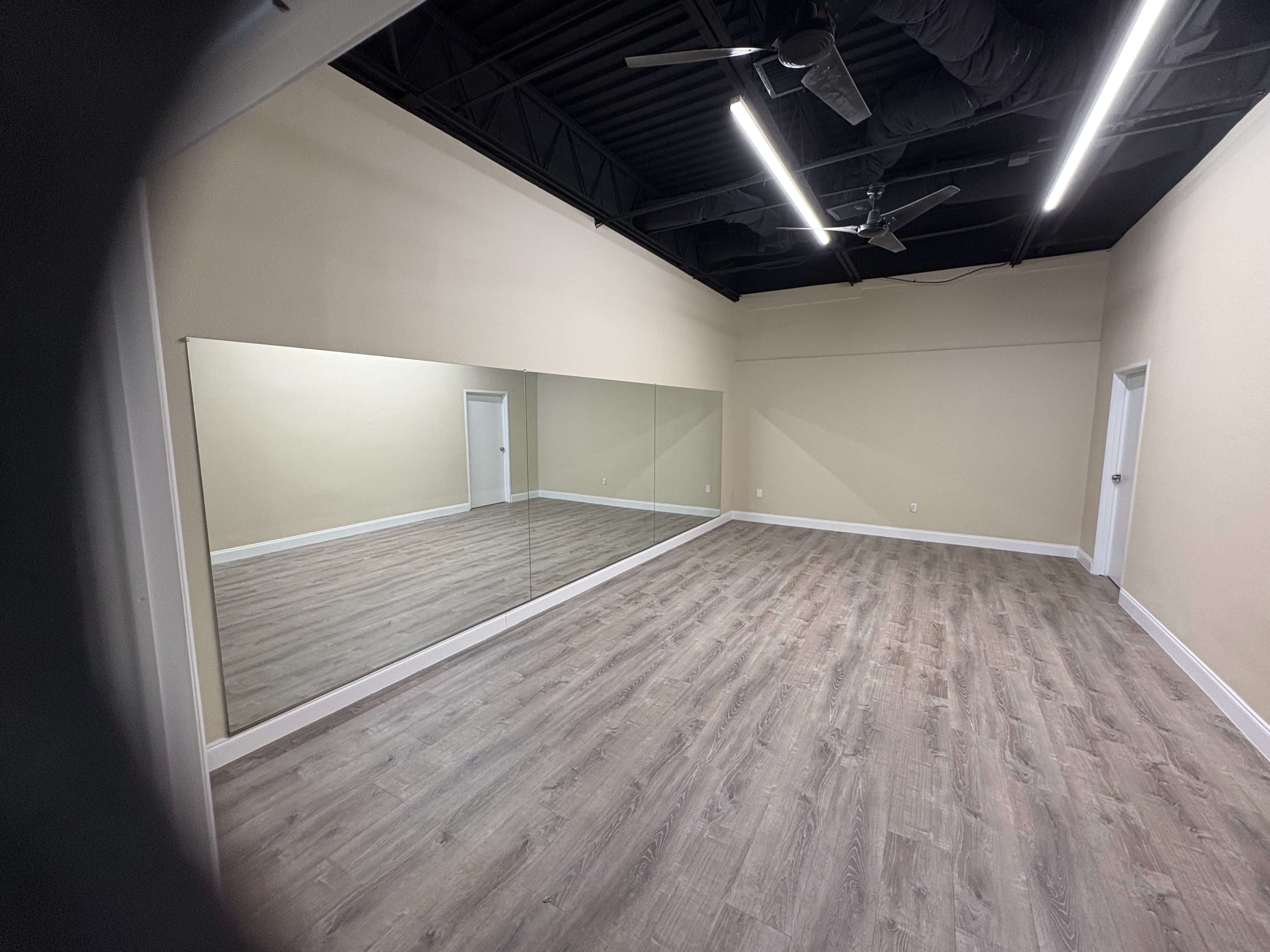 The image shows a spacious room with a mirrored wall, wooden flooring, and a single door.
