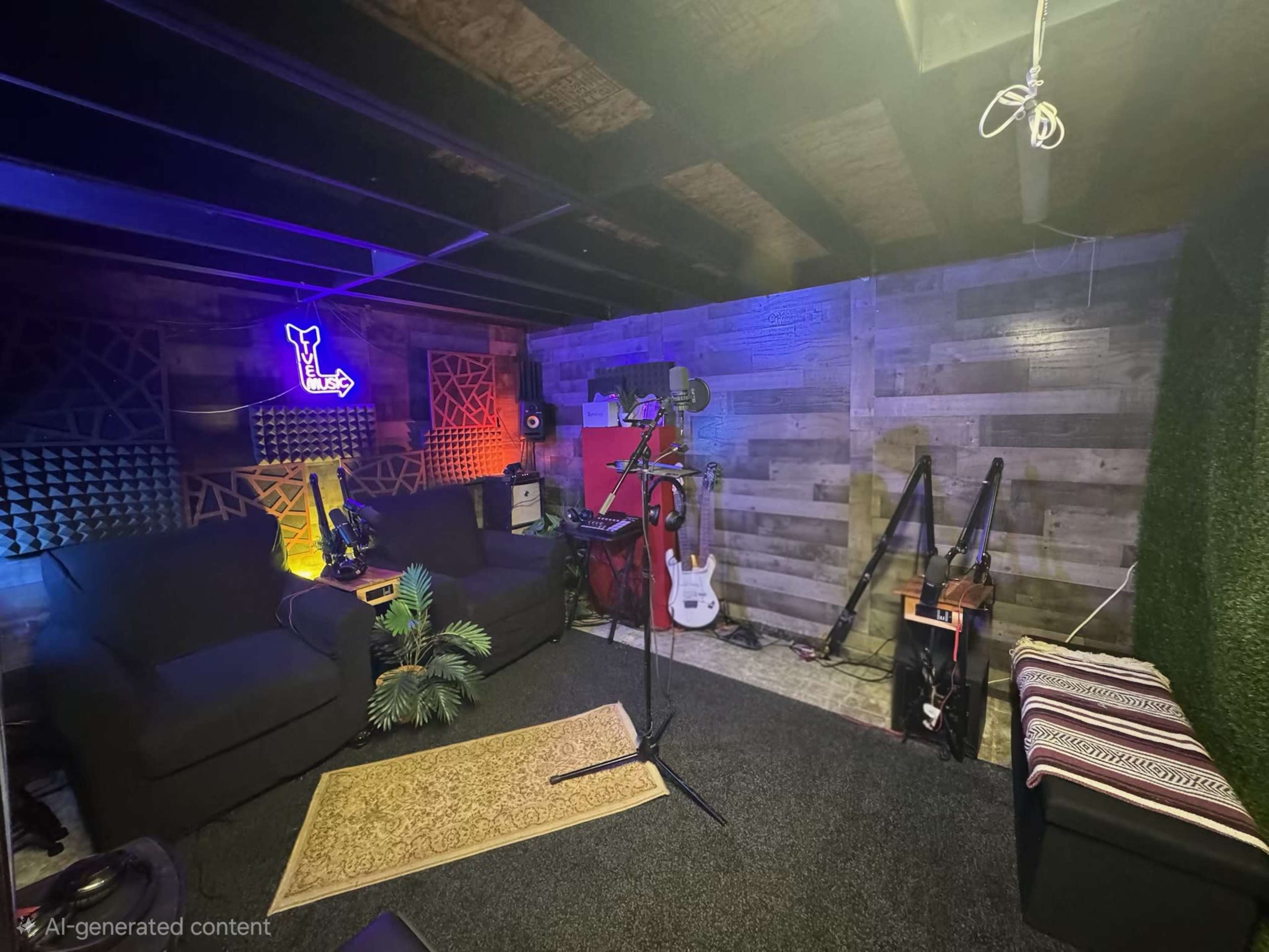 The image shows a cozy music studio or practice space with a microphone setup, instruments, and decorative elements against a wooden wall.