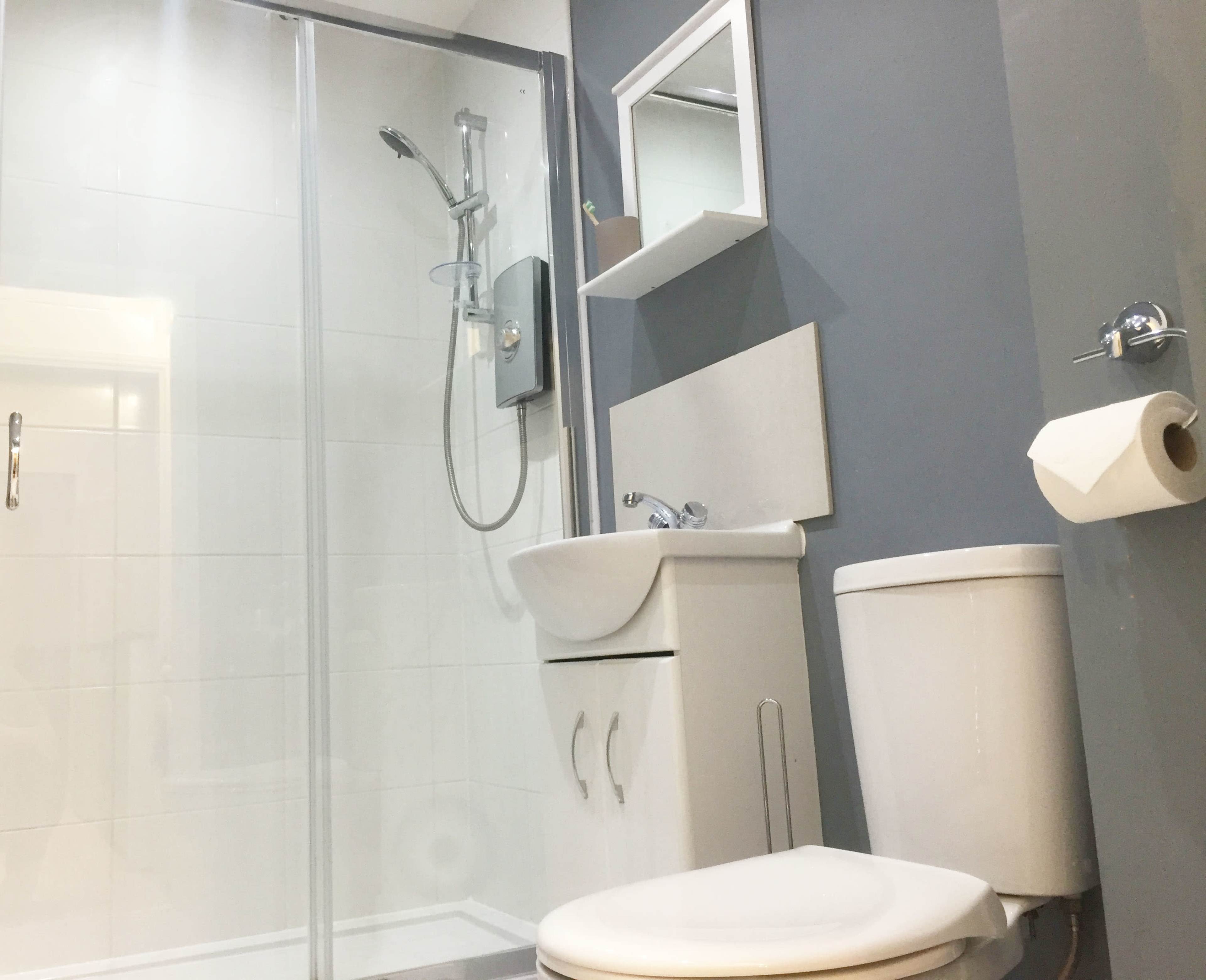 A modern bathroom with a glass shower stall, a white sink with a mirror above it, and a toilet beside a roll of toilet paper.