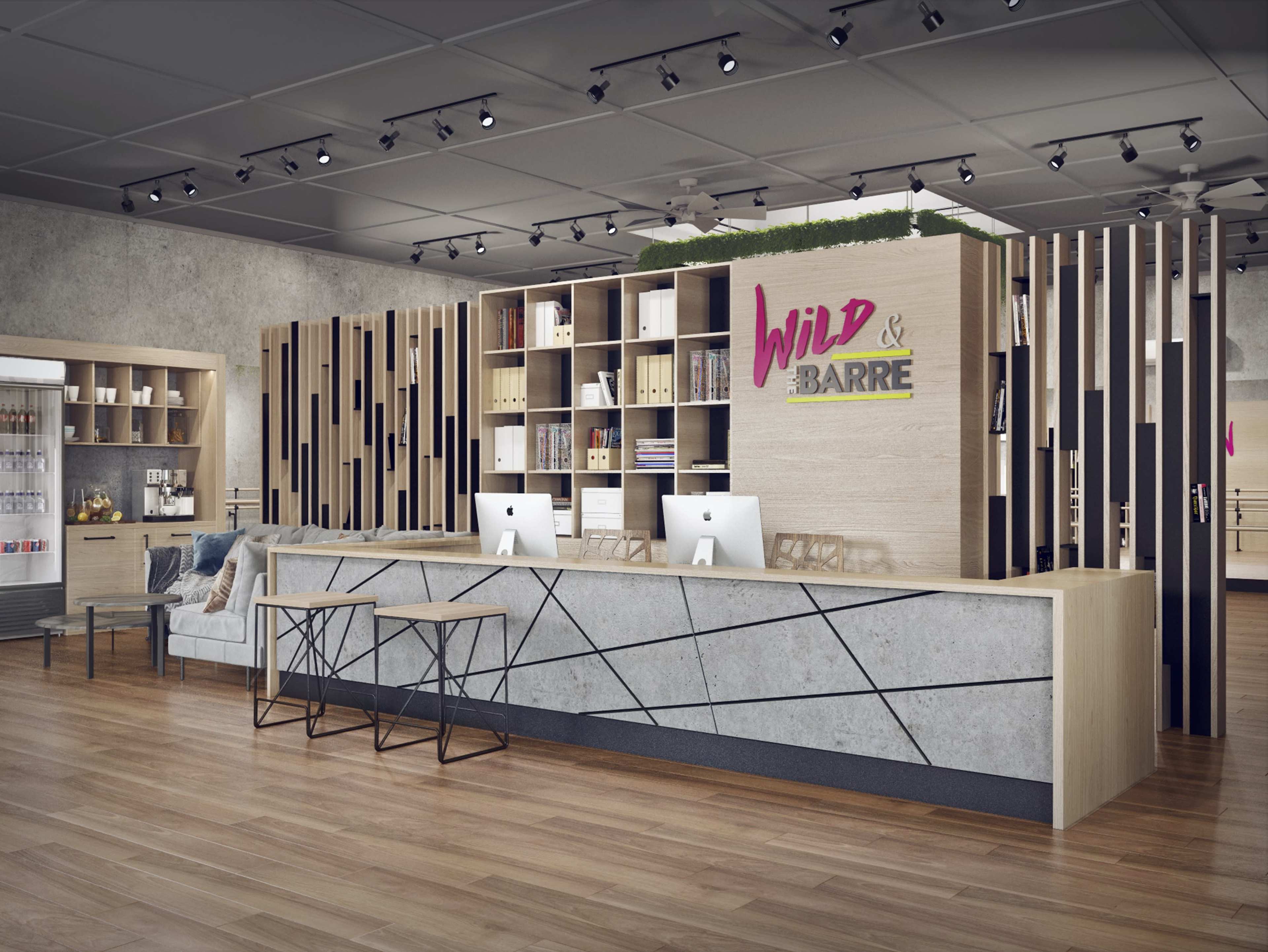 A modern reception area featuring a front desk with computers, stylish shelving, and a seating area.