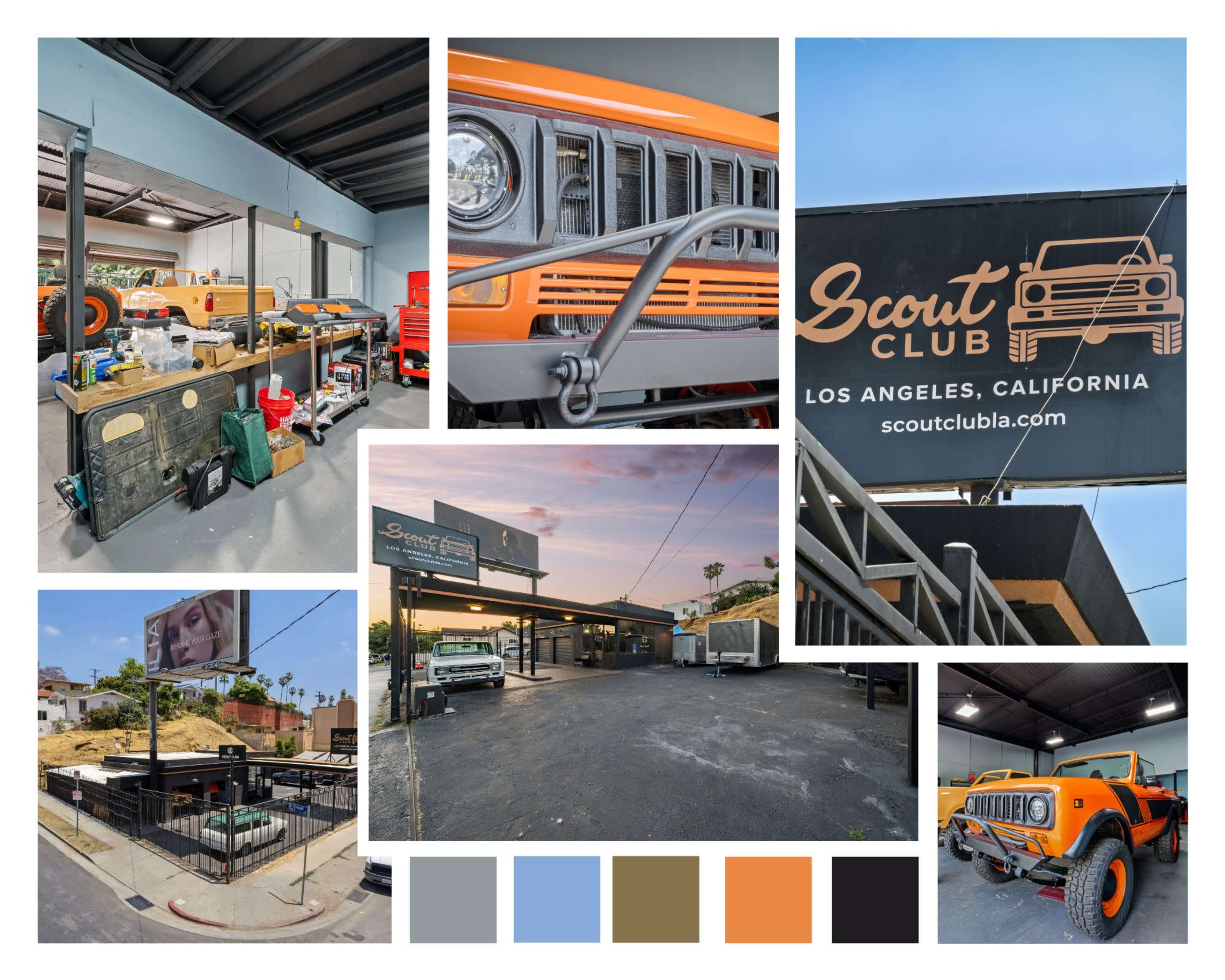Scout Club in Los Angeles, California, featuring a well-organized workspace with an orange vehicle, a large sign, and various scenes of the club's exterior and surrounding area.