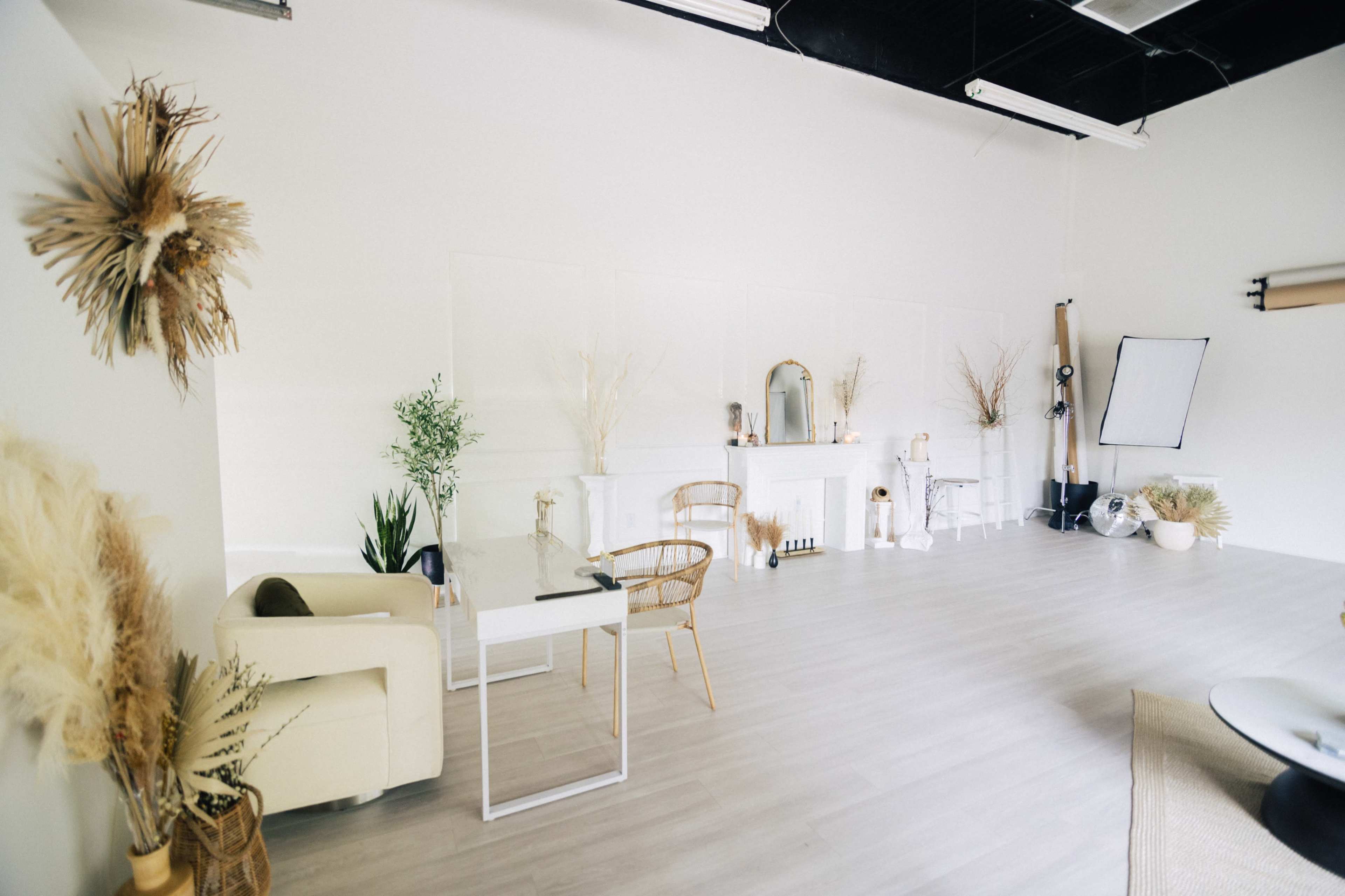 The image shows a minimalist interior space with a desk, chairs, and decorative plants arranged against a light-colored wall.