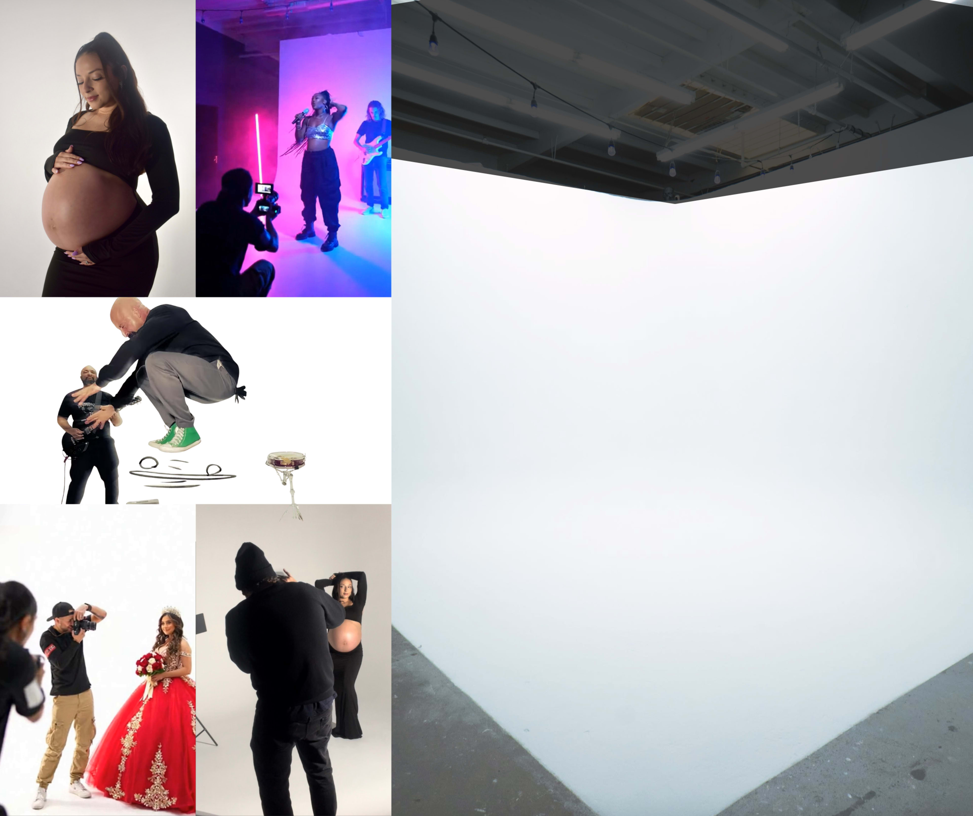 The image showcases a collage of photography scenes, including a maternity shoot, a performance, and a studio setup with various poses and subjects.