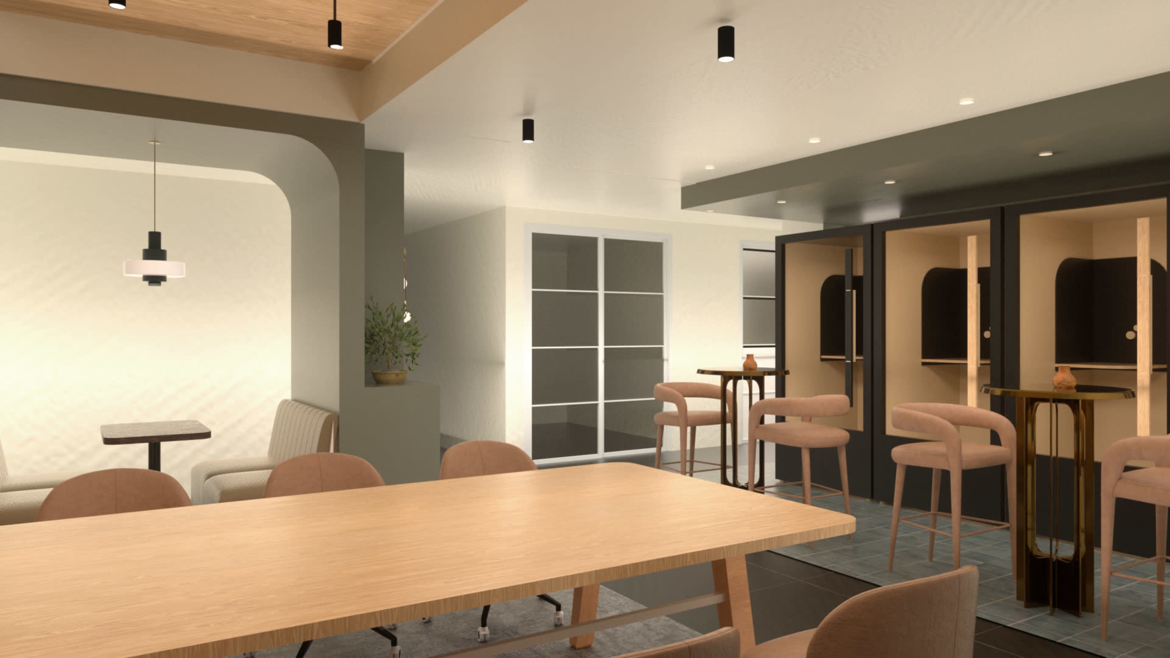 The image shows a modern interior space with a large wooden table, several high stools, and a partitioned area containing booths.