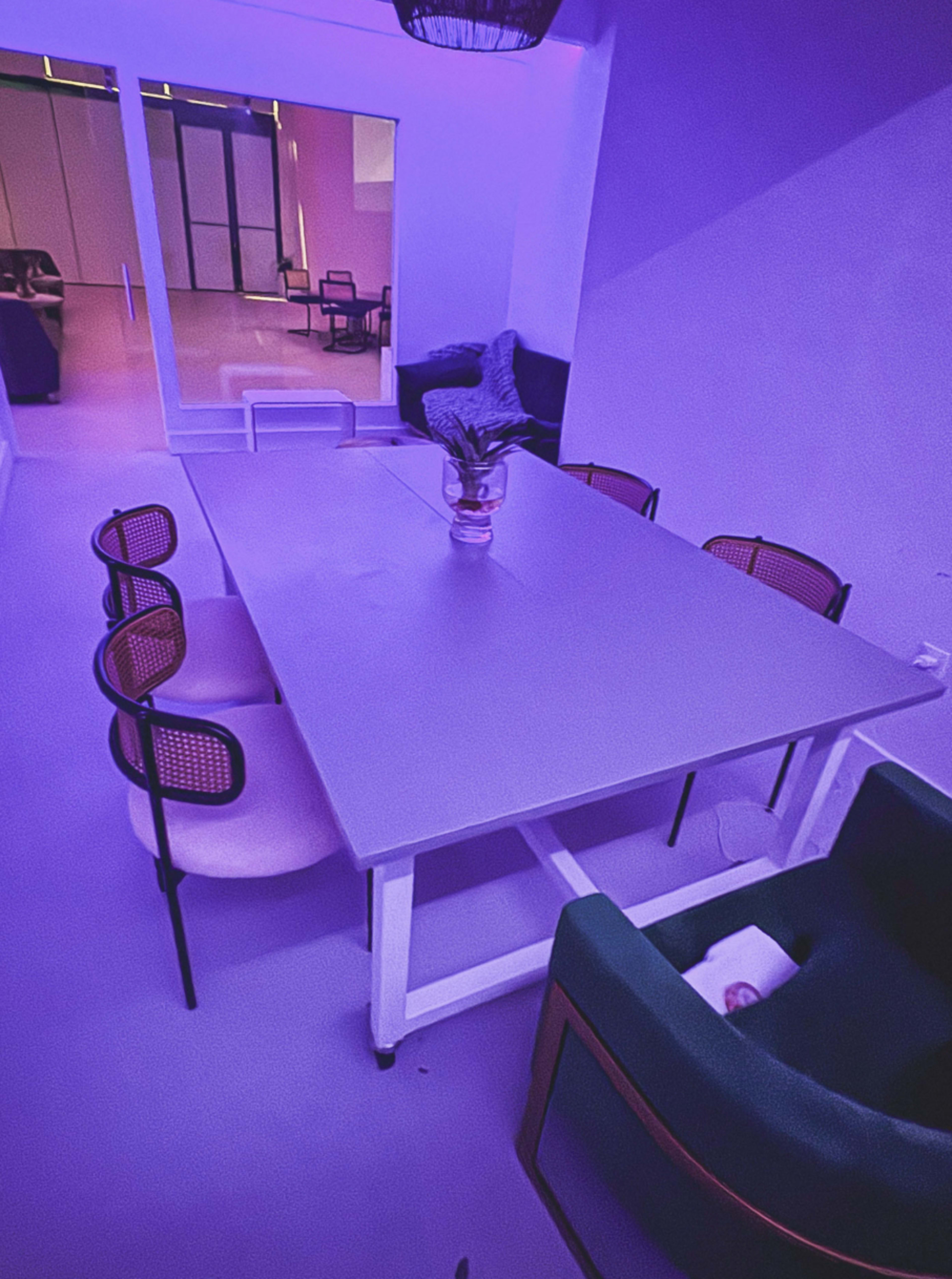 The image shows a modern dining area with a large rectangular table surrounded by chairs, illuminated by purple light, with a plant centerpiece.