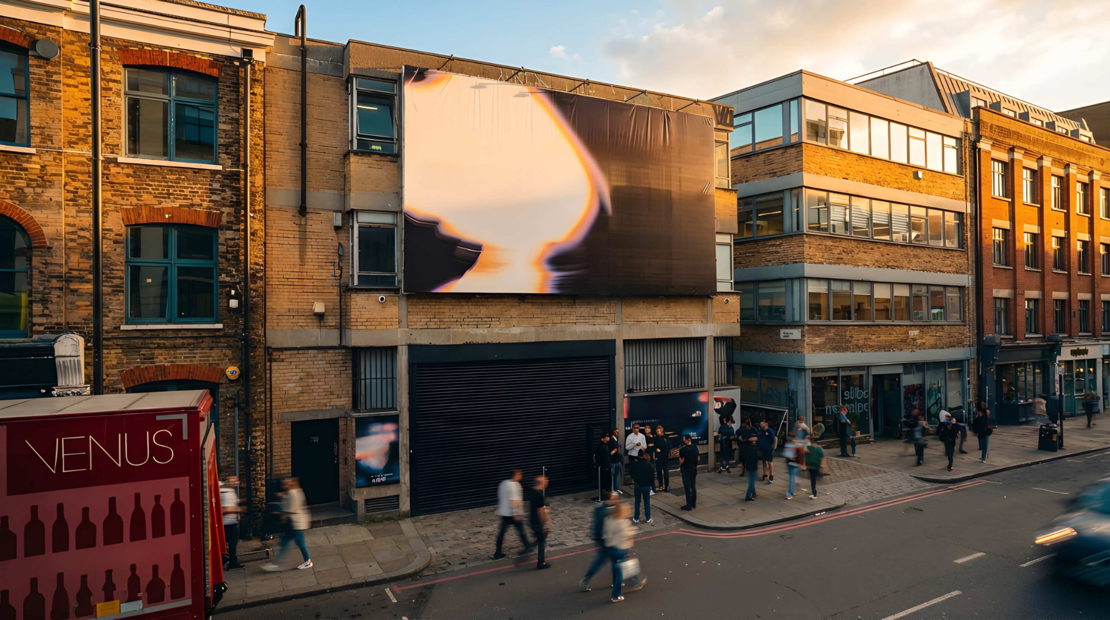 A large digital billboard displays a minimalist image on a building wall, while people walk along a busy street flanked by shops and restaurants.