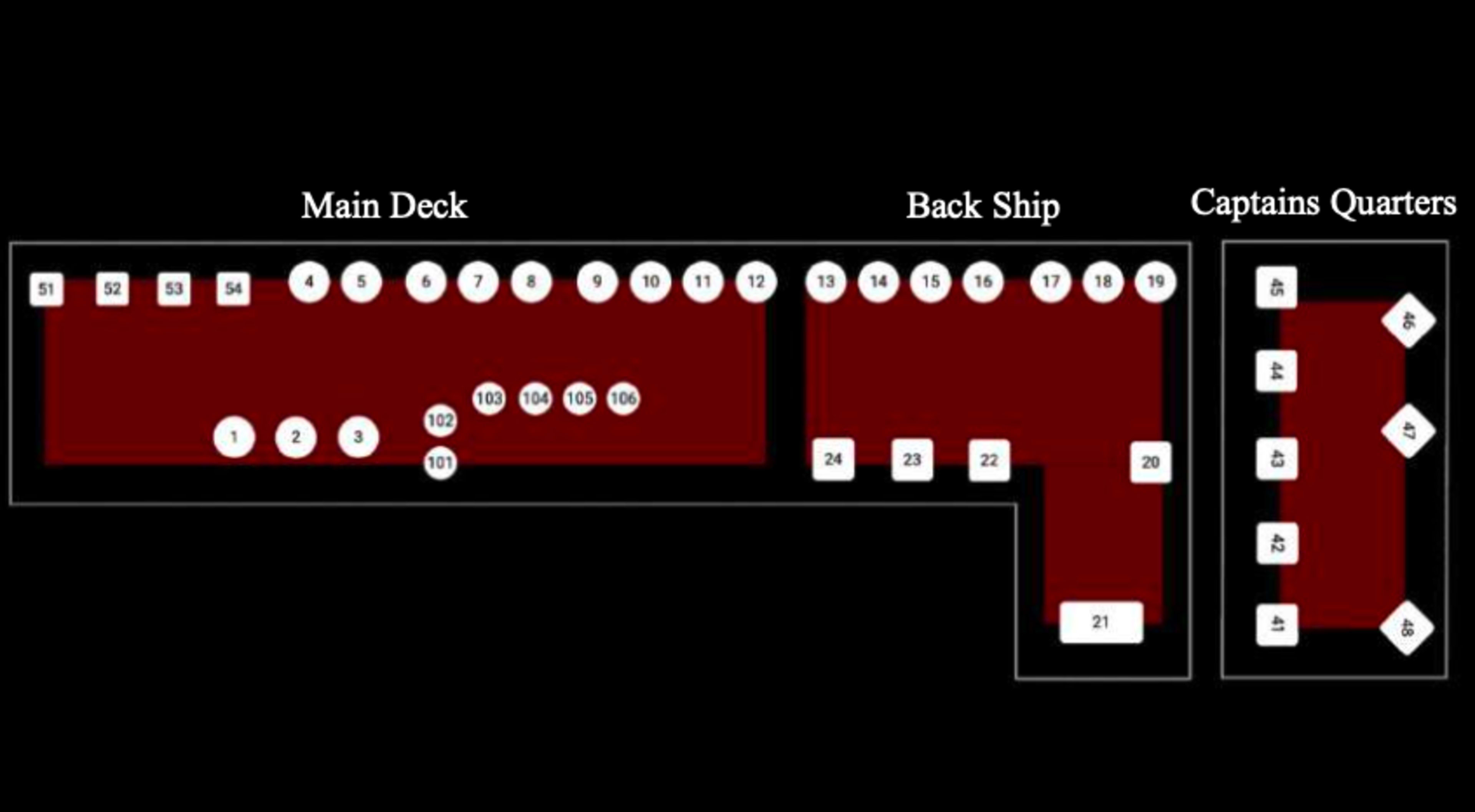 The image shows a layout map divided into sections labeled "Main Deck," "Back Ship," and "Captain's Quarters," with numbered markers indicating specific areas or features within each section.