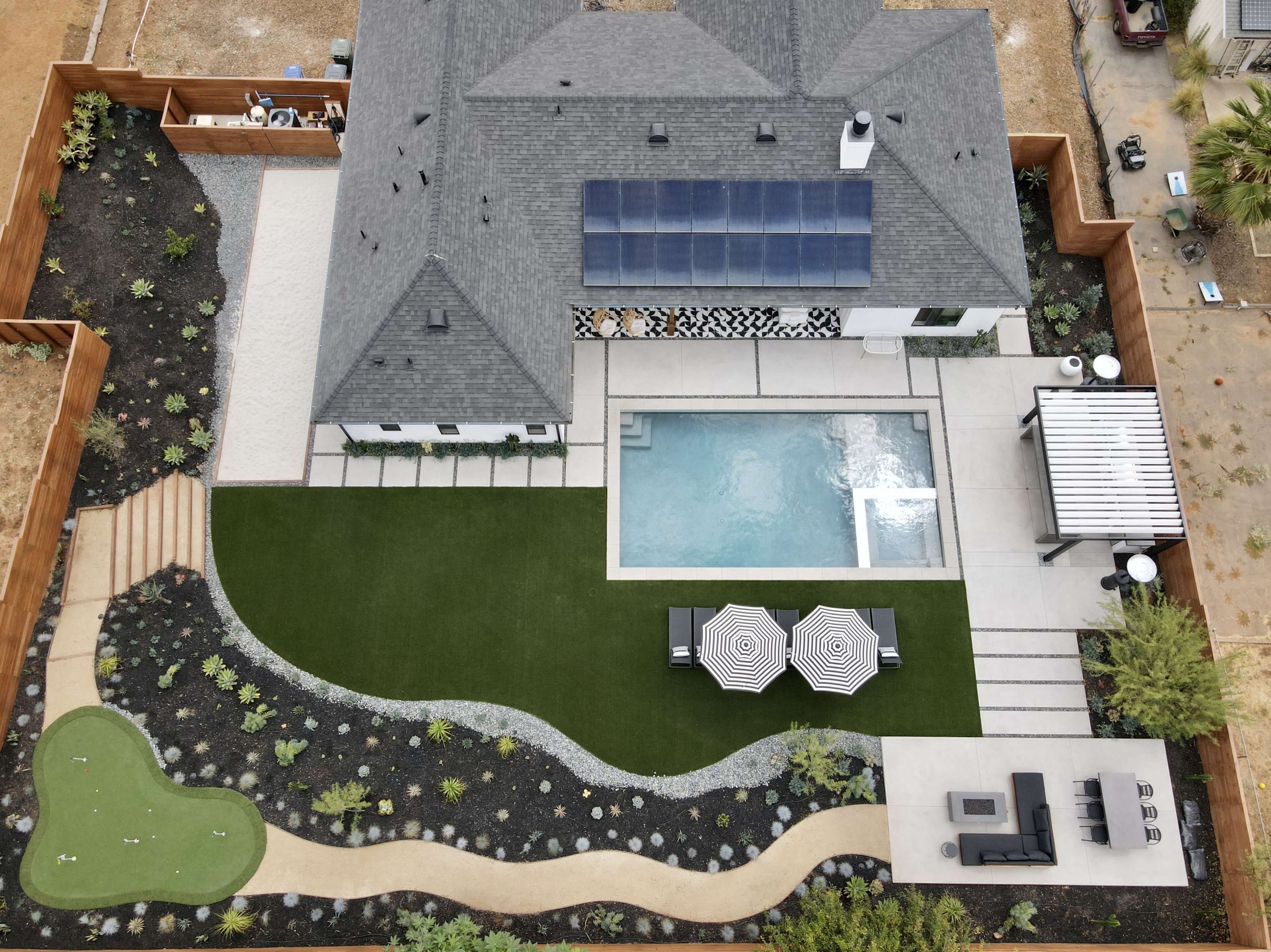 The image shows a landscaped backyard featuring a swimming pool, a patio area with two striped umbrellas, a putting green, and a house with solar panels on the roof.