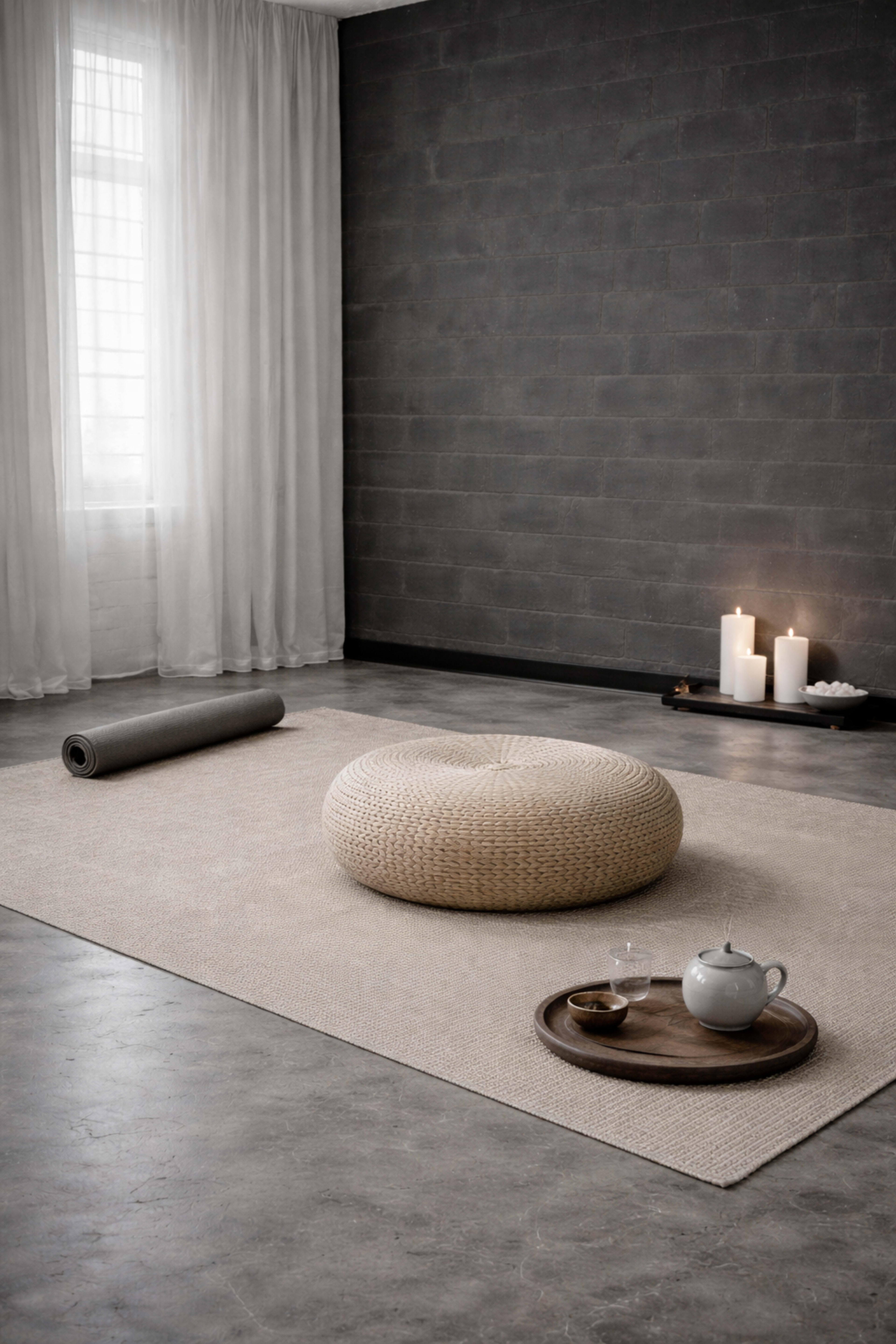 A minimalistic room features a round woven pouf on a neutral rug, a rolled mat, and a tray with a teapot and cup beside lit candles.