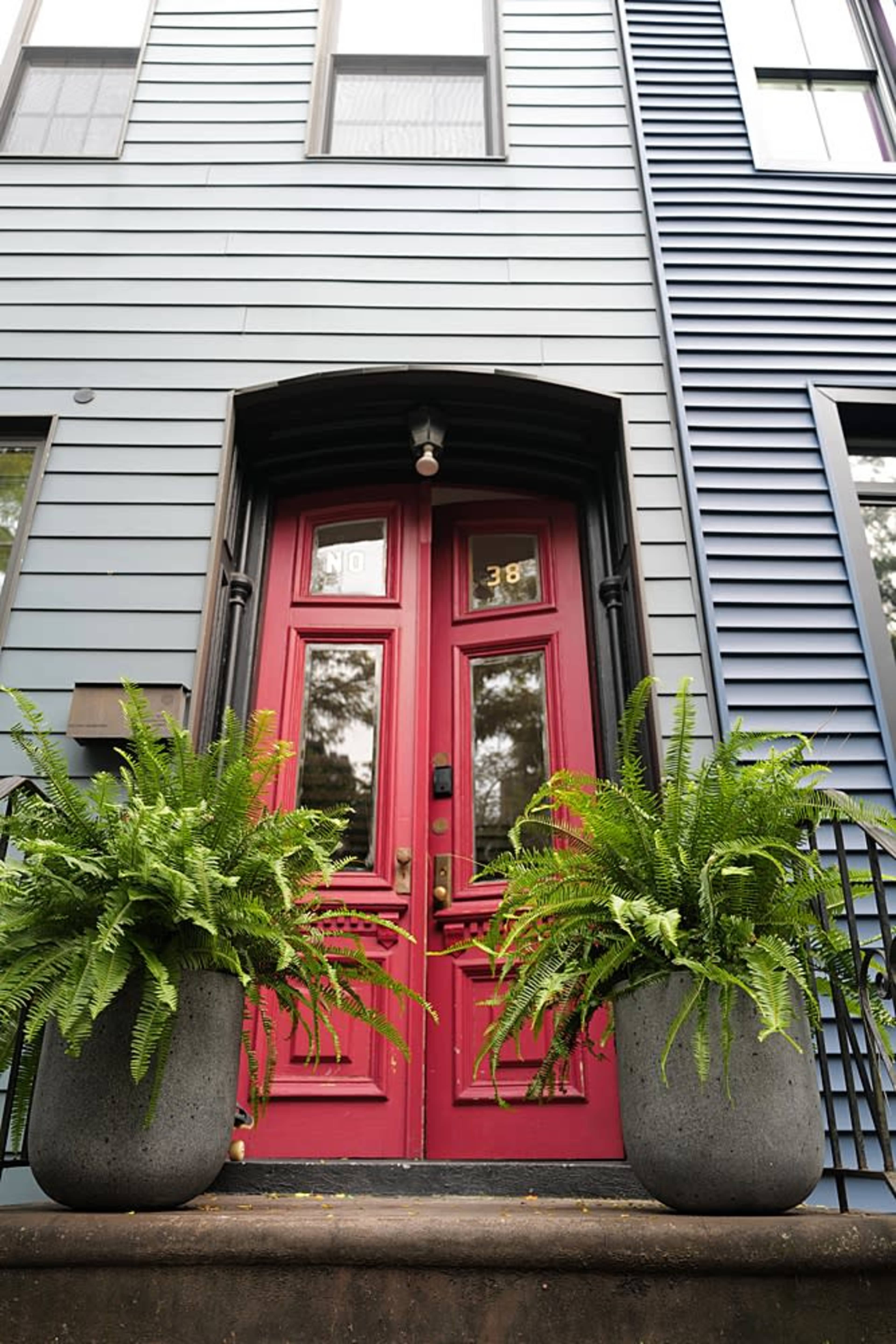 The image shows a red double door framed by two large gray planters filled with ferns, set against a blue wooden siding of a building.