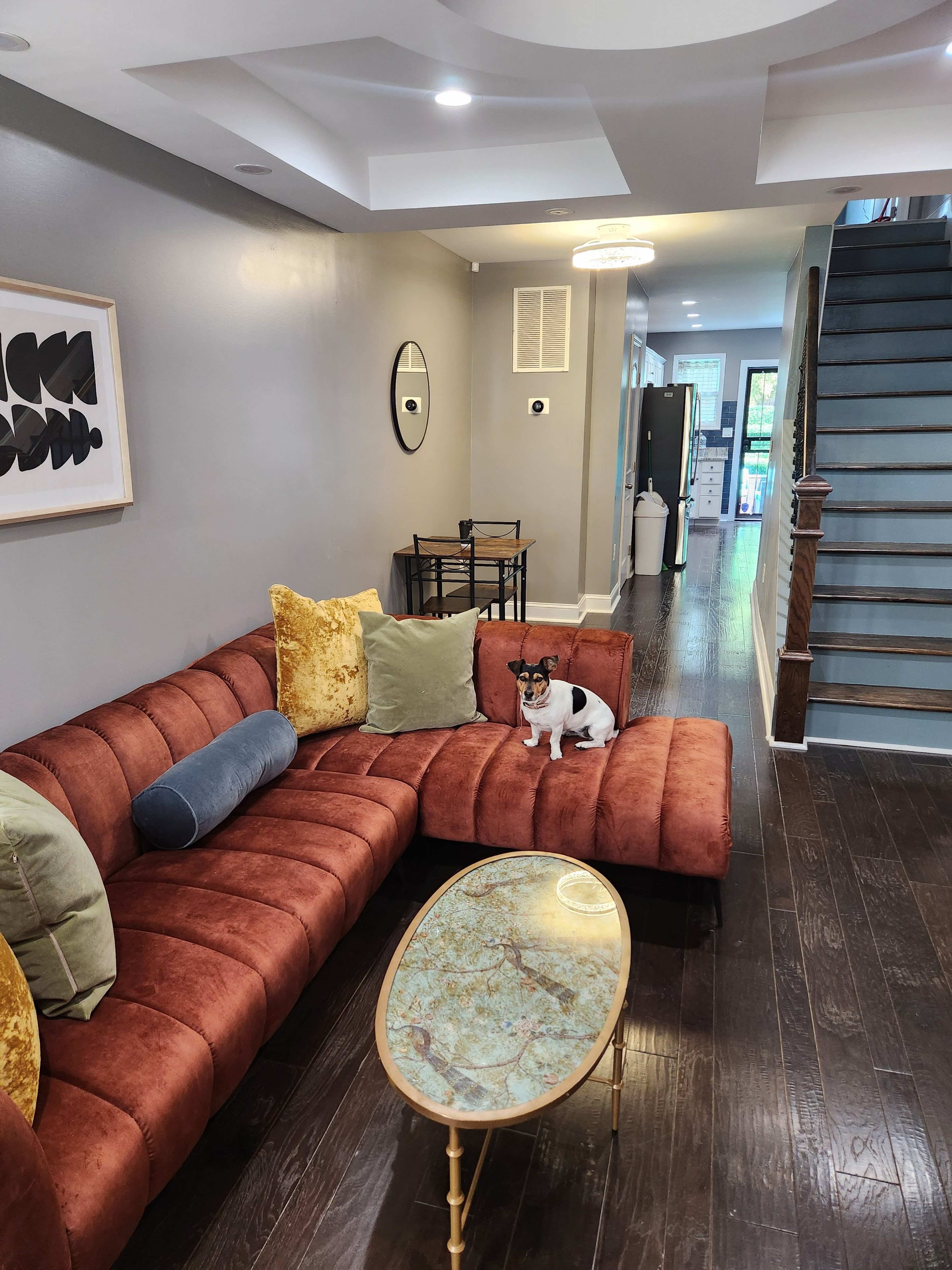 A cozy living room features a sectional sofa with colorful cushions, a small dining area, and a dog sitting on the couch.