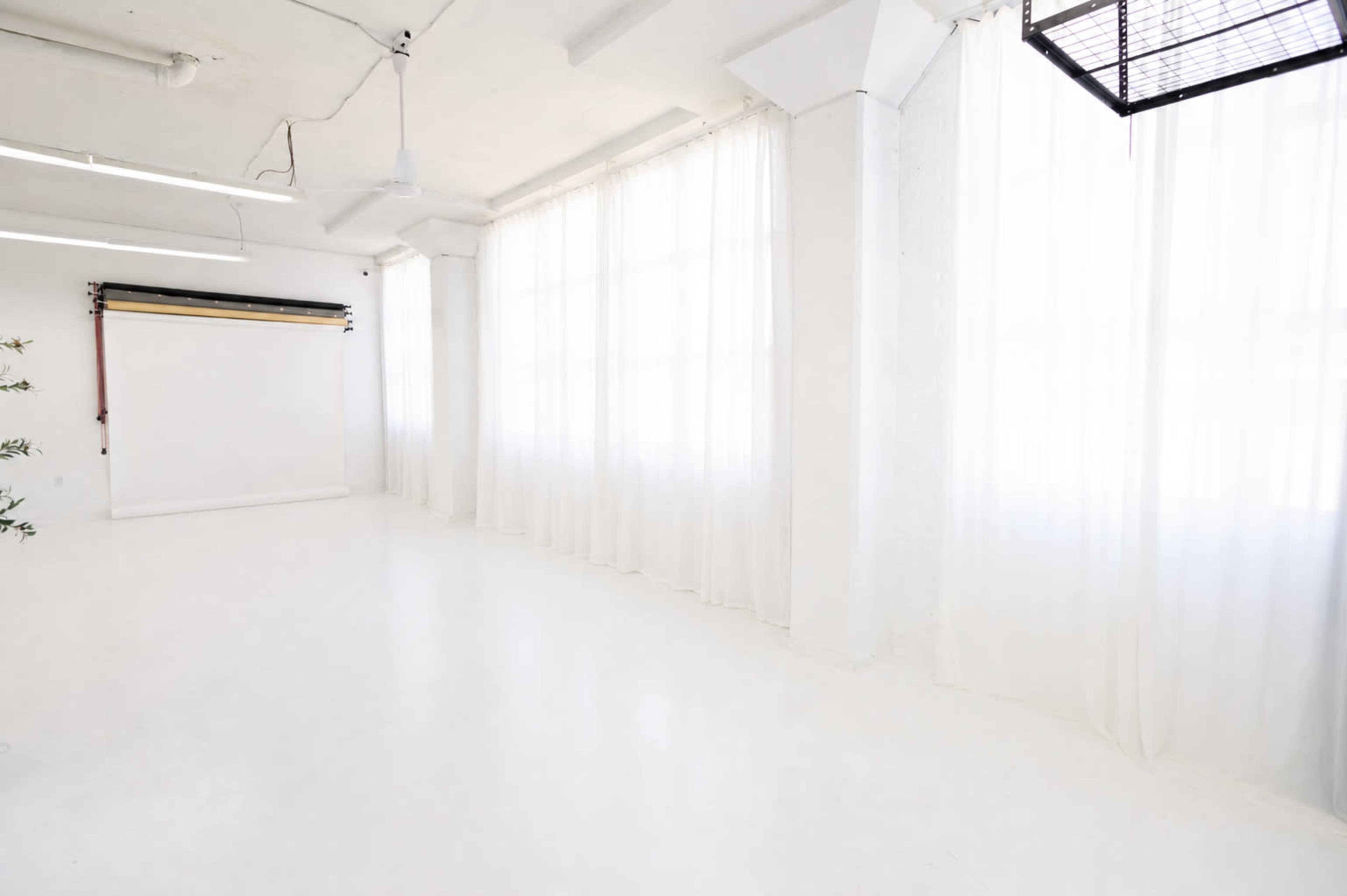 The image shows a bright, minimalistic studio space with white walls, a polished floor, and large windows covered with sheer curtains.