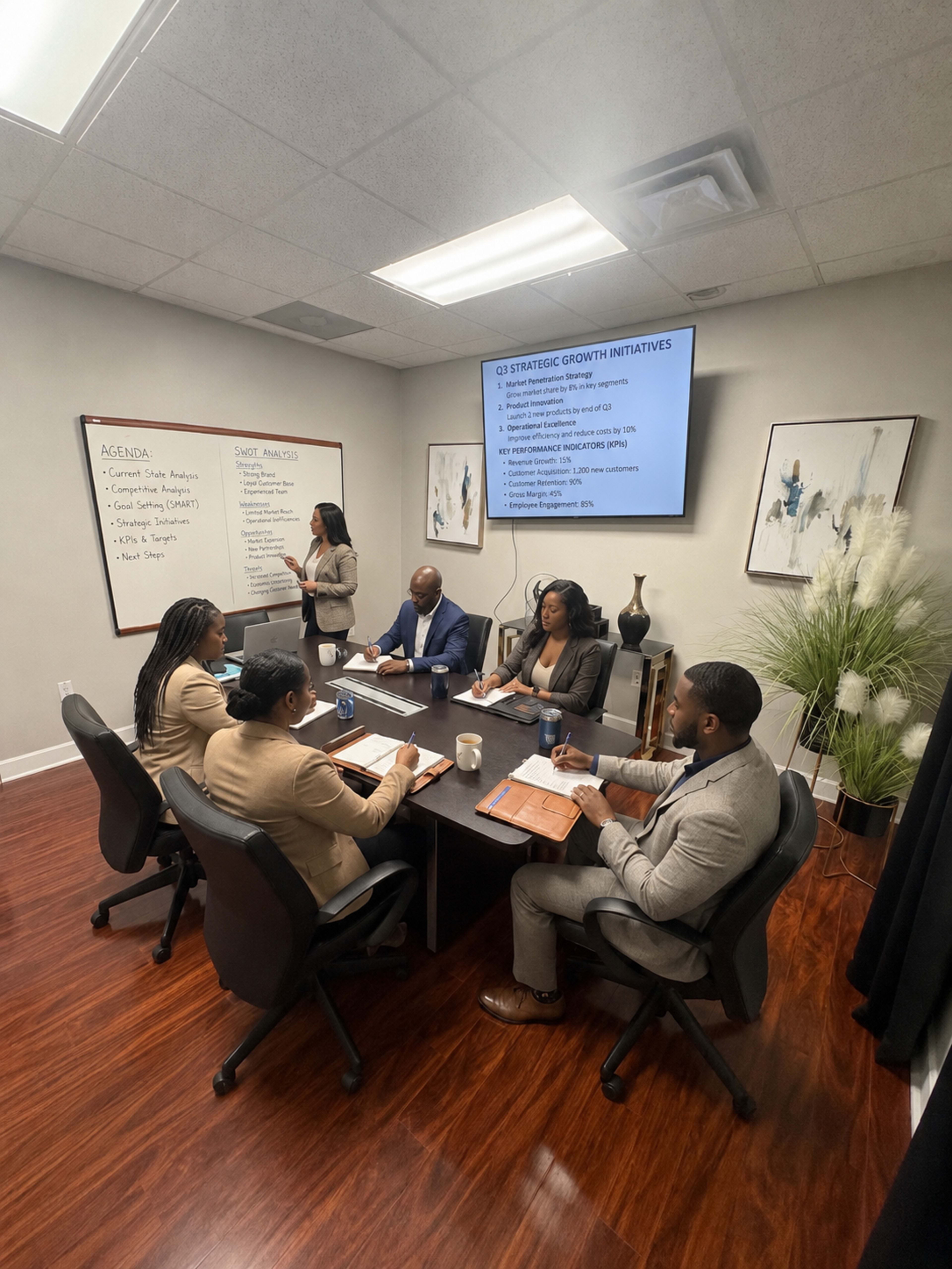 A group of five professionals is seated around a conference table in a meeting room, discussing strategic growth initiatives while a presentation is displayed on a screen.