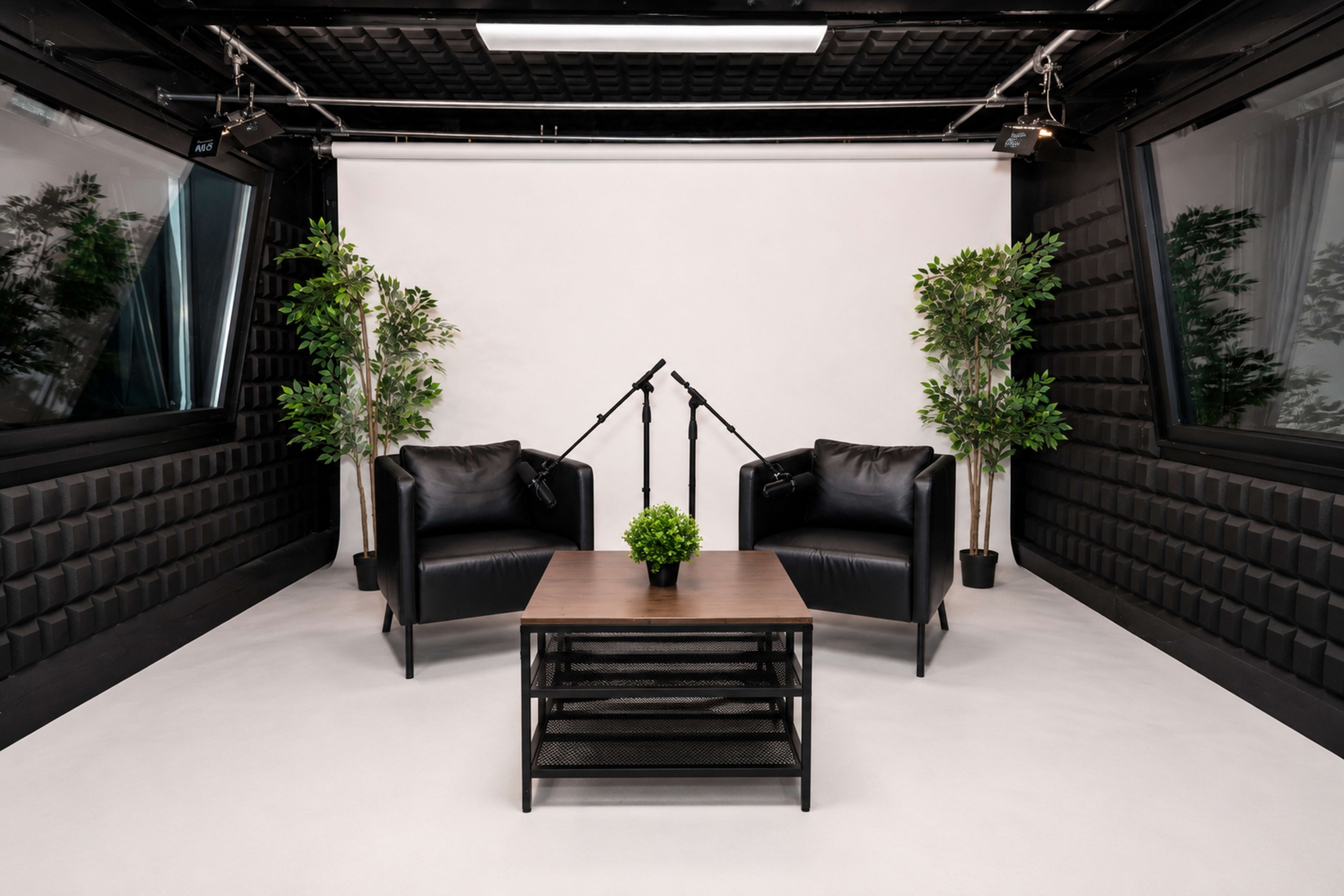 The image shows a modern recording studio with two black leather chairs, a coffee table, and potted plants on either side.
