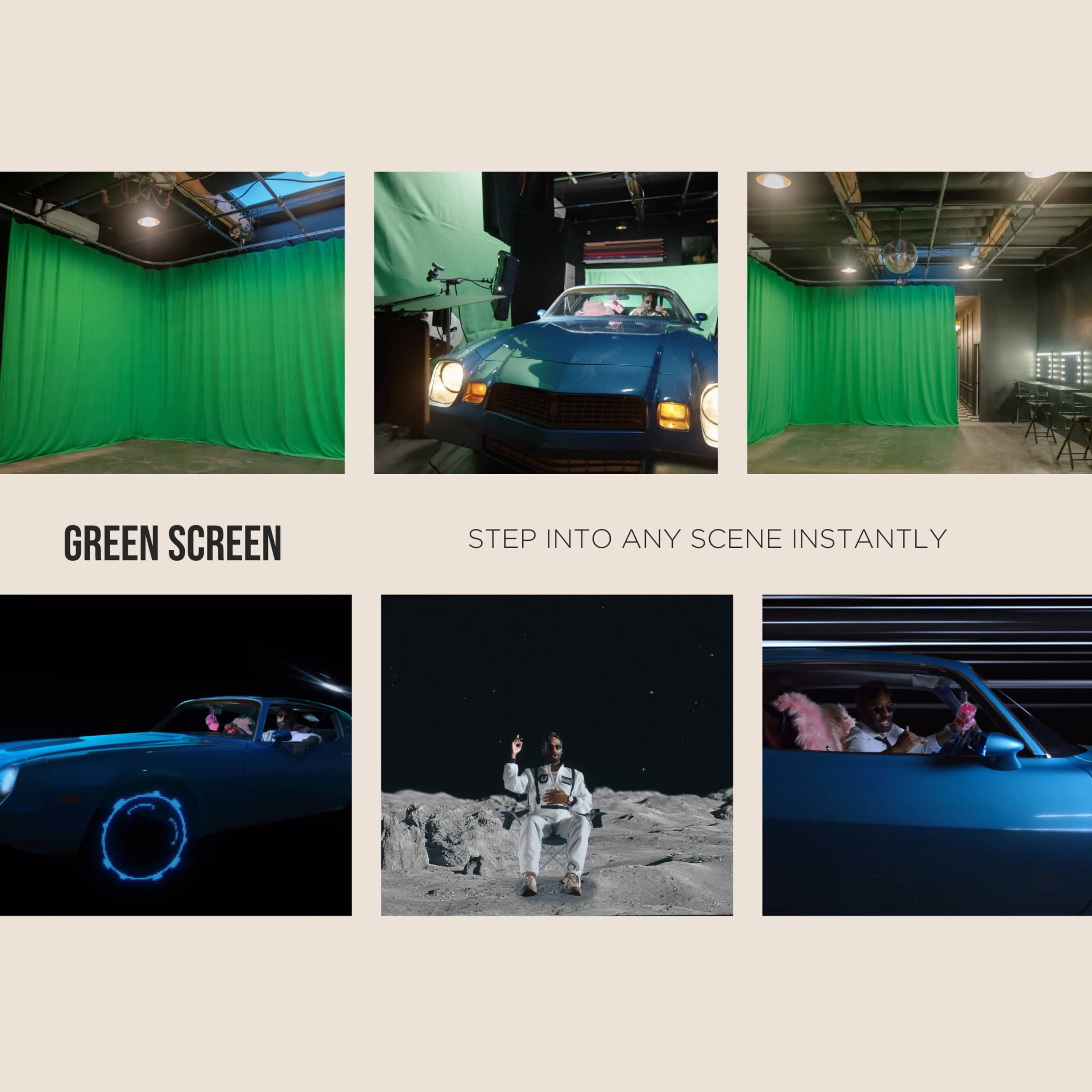 The image showcases a green screen studio setup, featuring a blue car in front of green backgrounds, with various scenes, including a space setting, displayed in the surrounding panels.