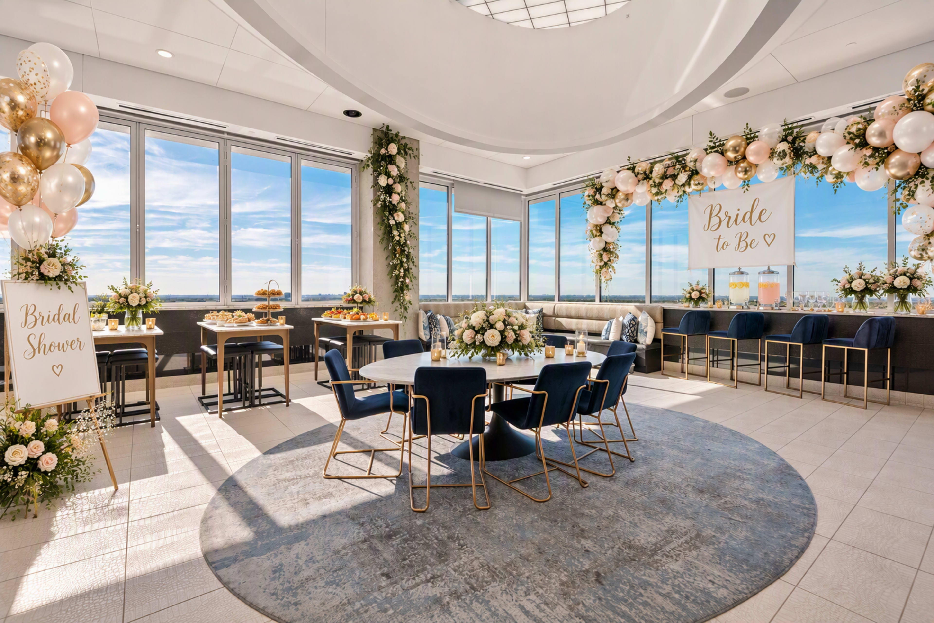 The image shows a beautifully decorated event space with large windows, featuring a round table surrounded by navy chairs, floral arrangements, and signs for a bridal shower.