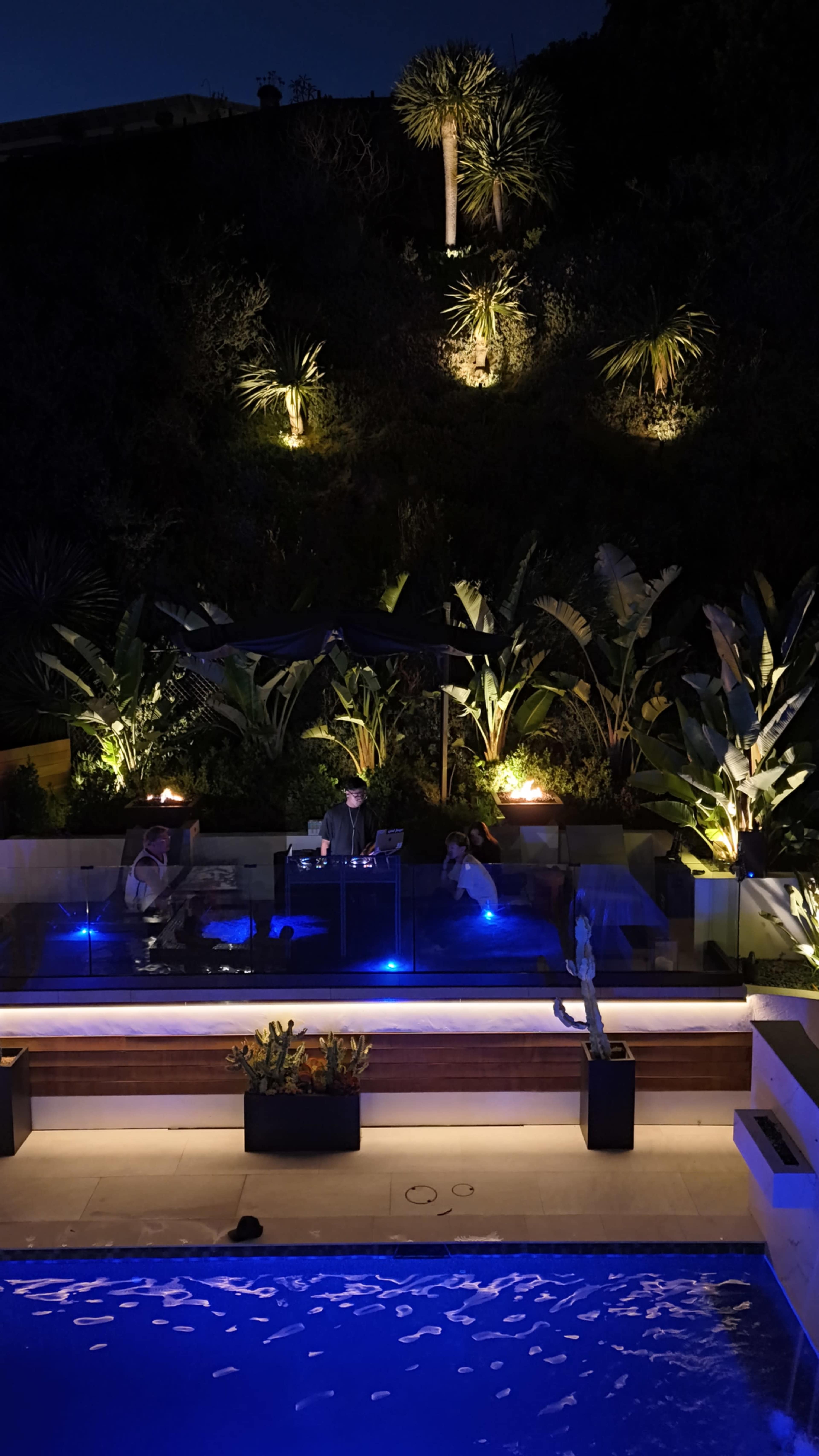 A man sits at a table near a pool surrounded by strategically lit tropical plants at night.