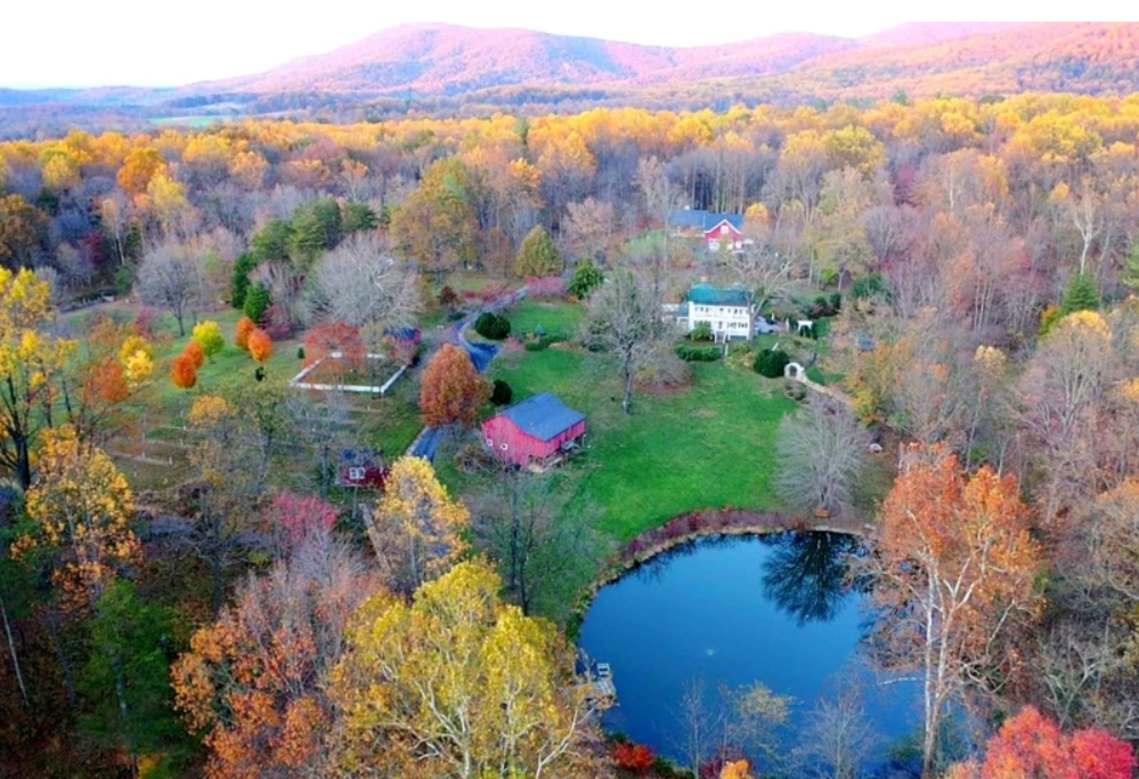 The image shows an aerial view of a rural landscape with a pond, several houses, and trees displaying autumn foliage.