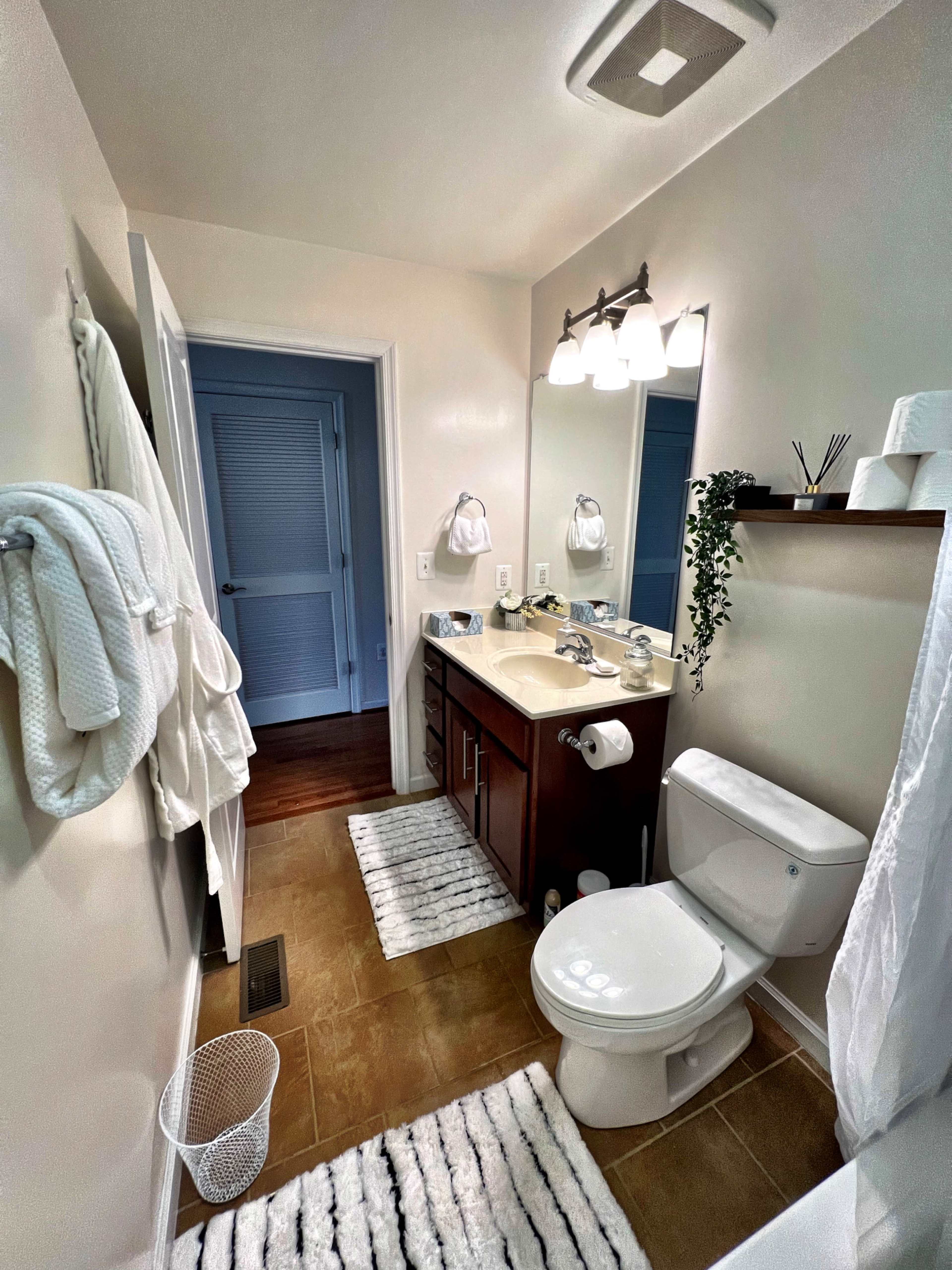 The image shows a well-lit bathroom featuring a sink with a mirror above, a toilet, and white towels hanging on the wall, along with a small plant on a shelf.