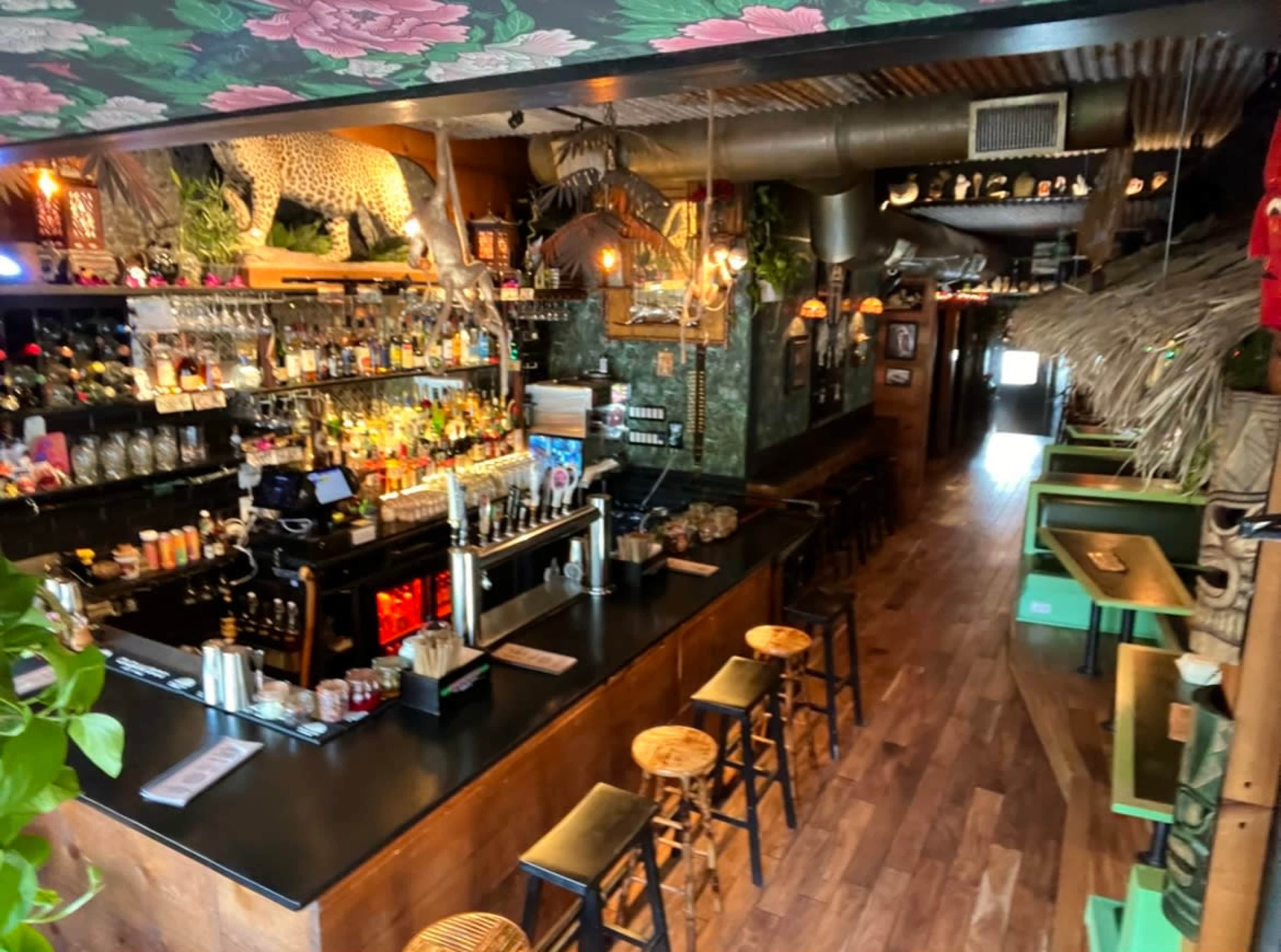 A vibrant bar with a large backlit collection of bottles, wooden stools, and tropical-themed decor.