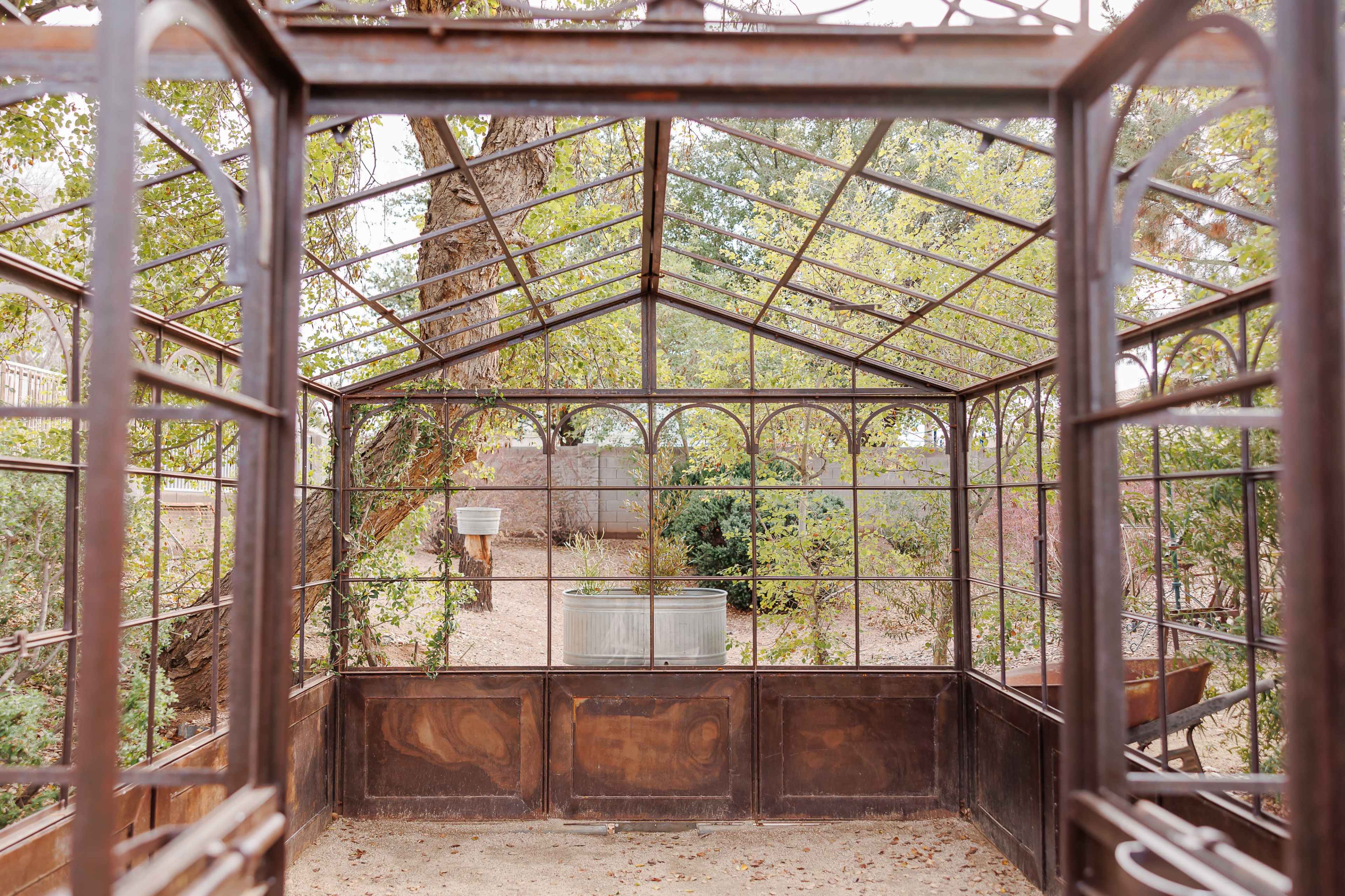 The image shows the interior of a glass greenhouse with metal frames, surrounded by trees and greenery.