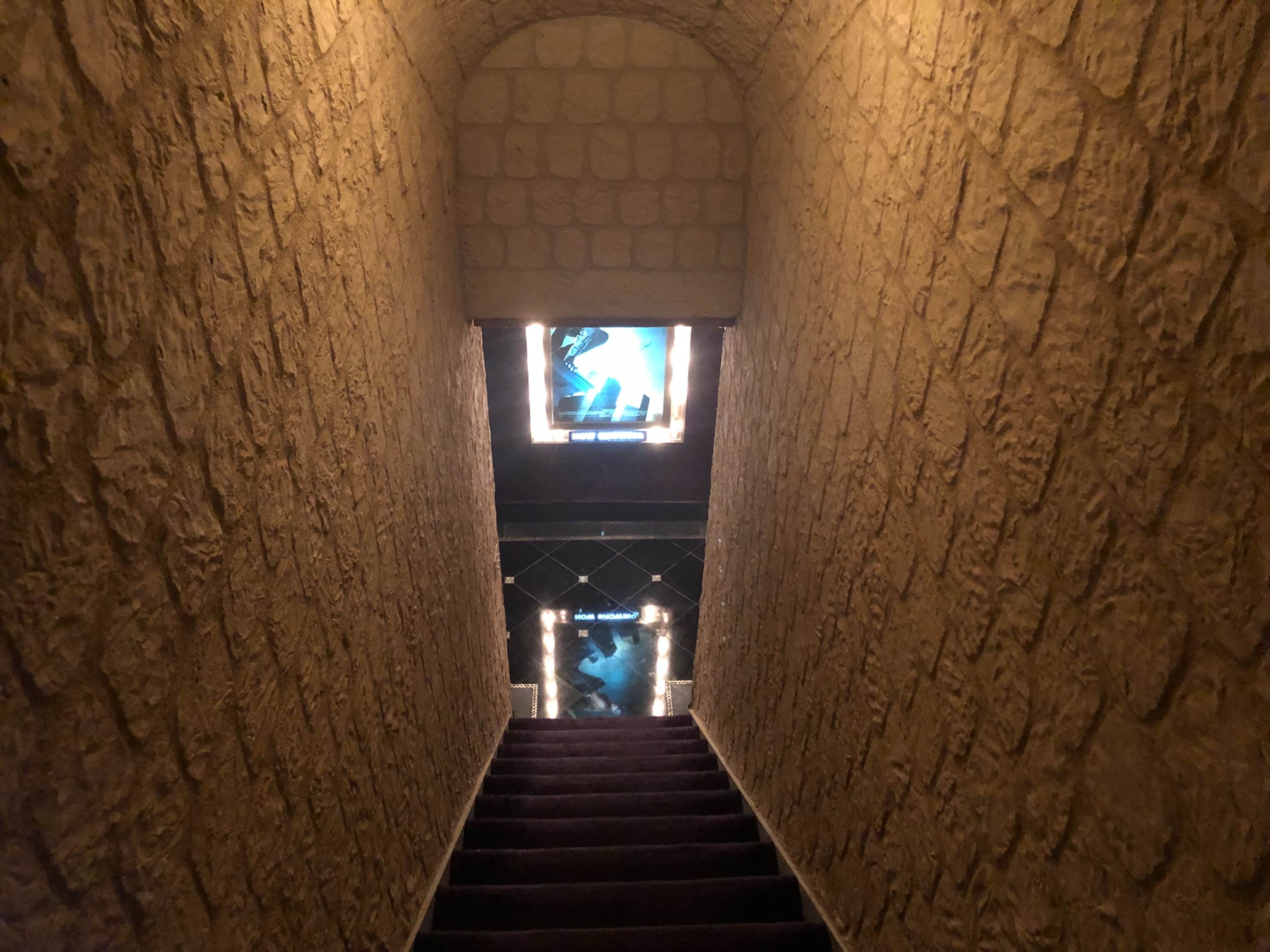 A narrow staircase leads down through a stone archway, with illuminated posters at the bottom.