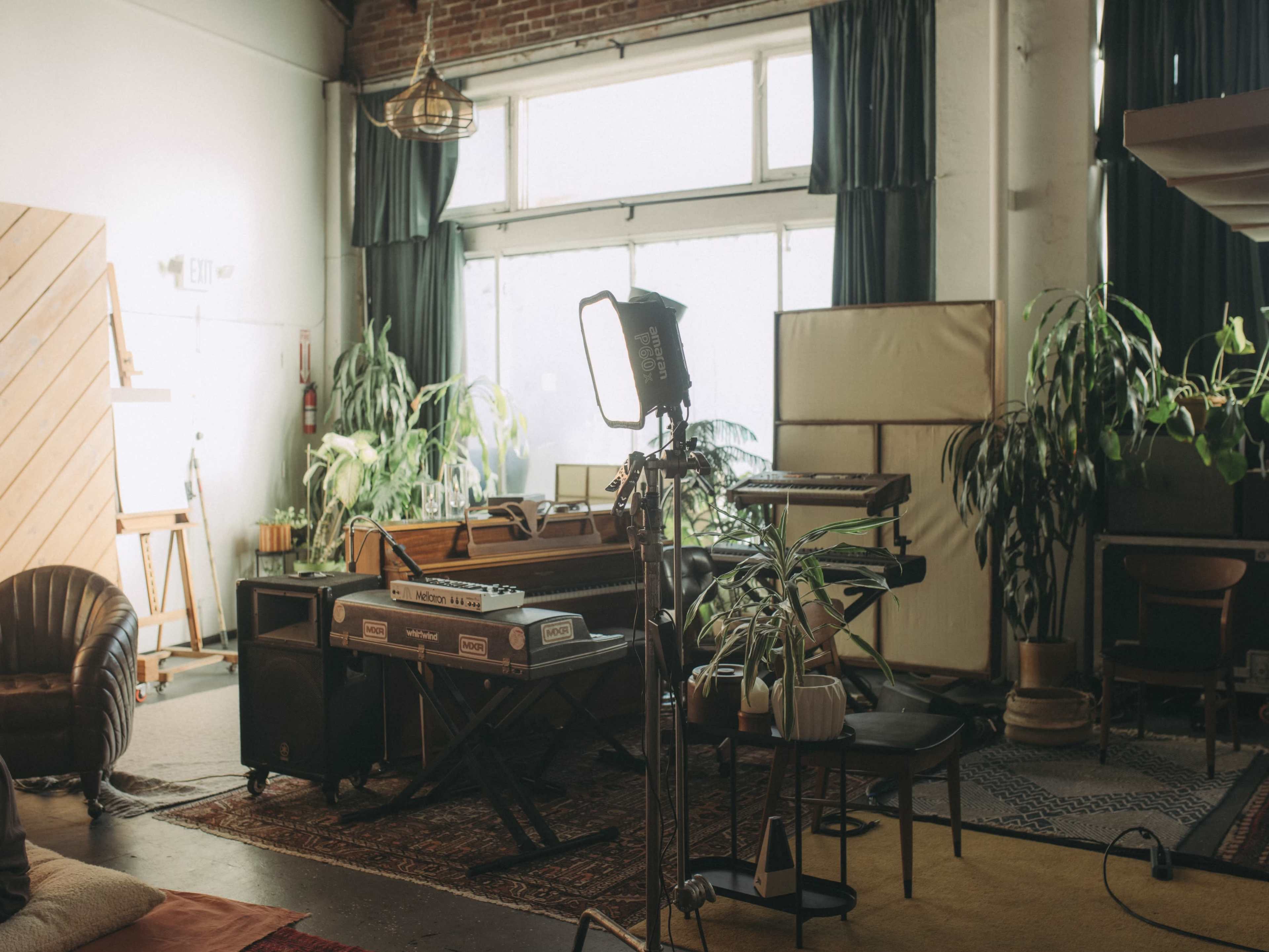 The image shows a cozy music studio with various instruments, potted plants, and natural light coming through large windows.