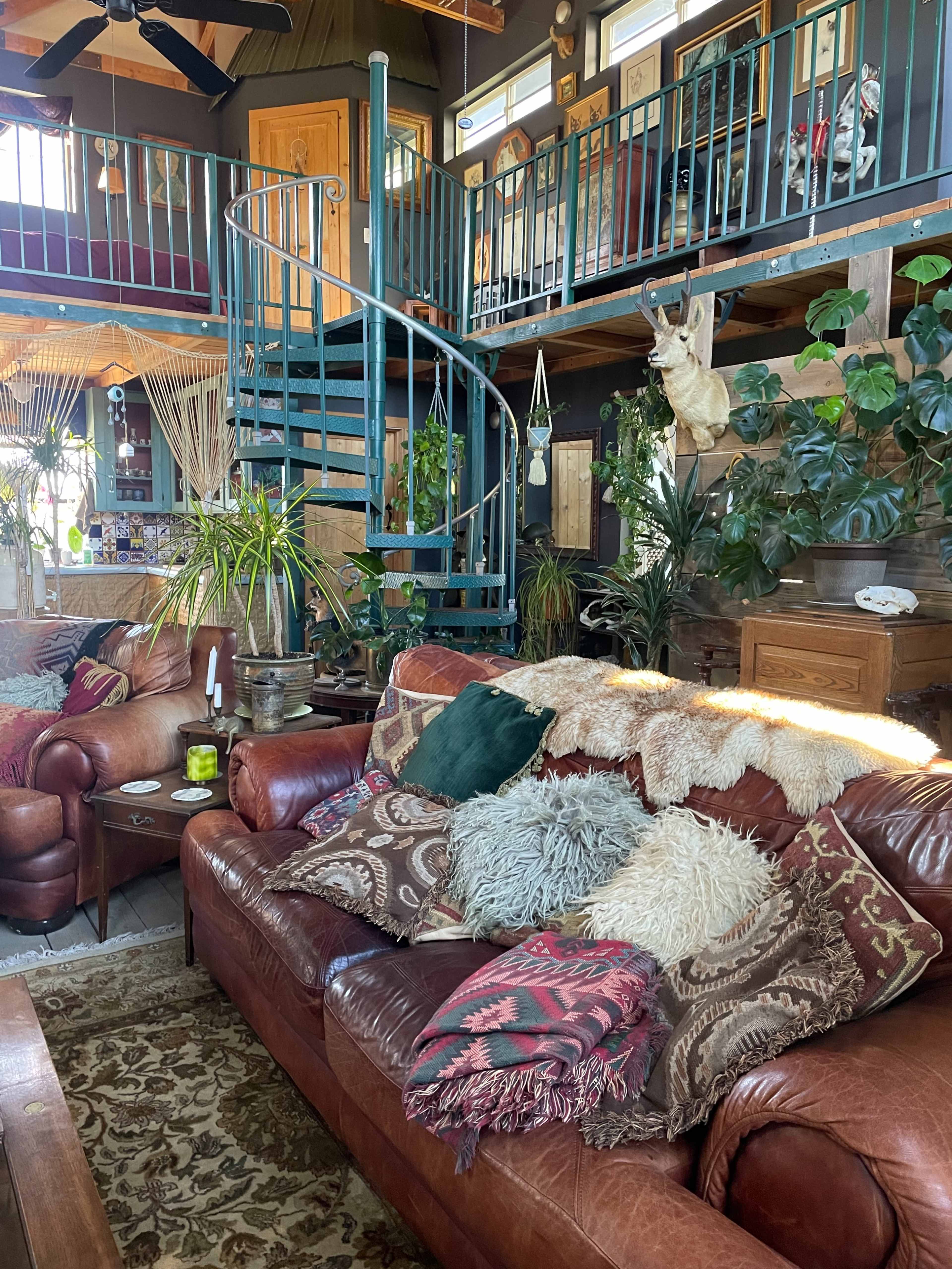 The image shows a rustic living room with a spiral staircase, various houseplants, and a large leather sofa adorned with decorative pillows and throws.