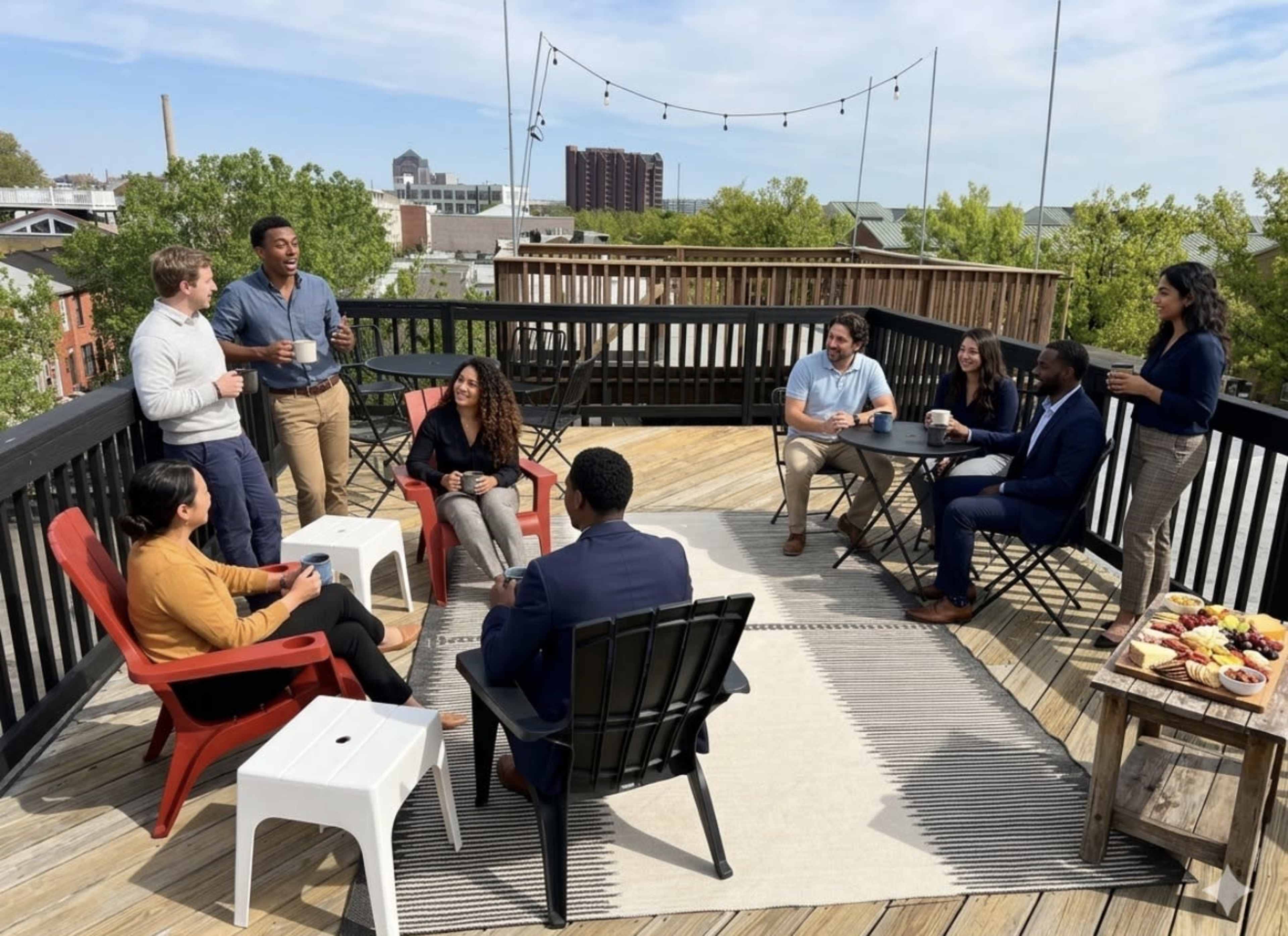 A group of seven people is gathered on a rooftop deck, seated in chairs and enjoying food and drinks while engaging in conversation.