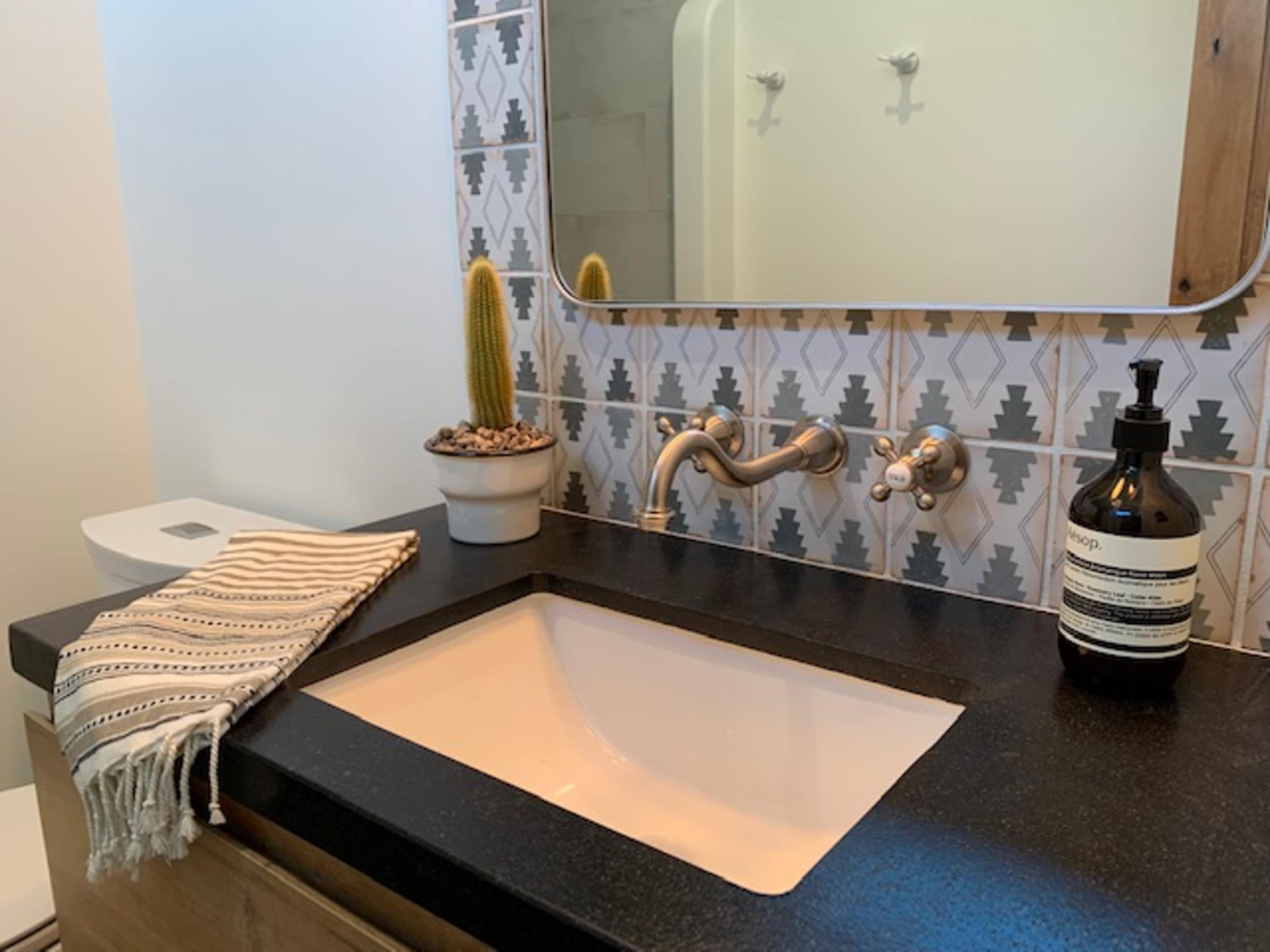 A bathroom sink area features a beige basin, a dark countertop, a decorative potted cactus, and a patterned tile backsplash.