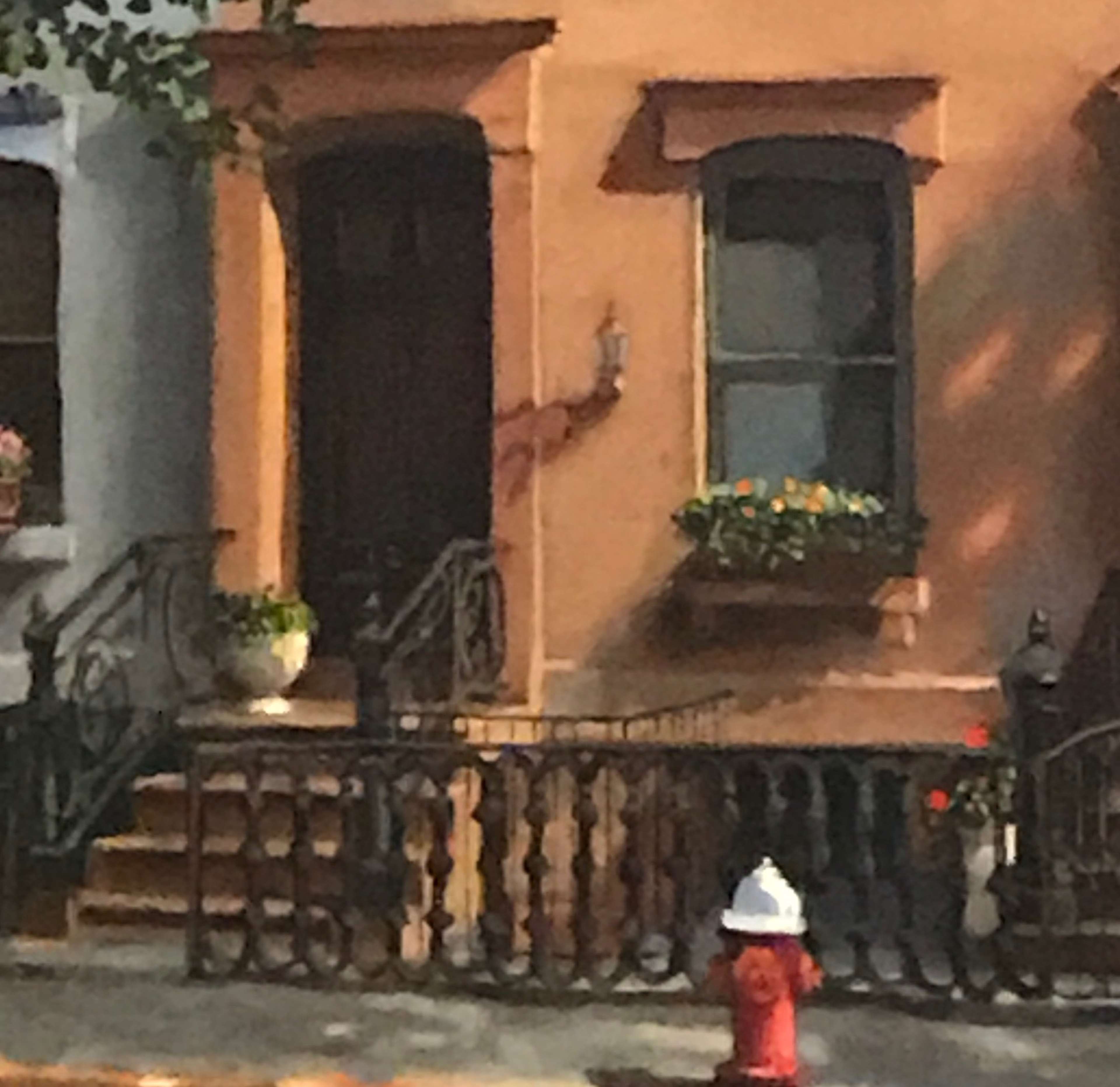 A residential building with a front porch, decorative railings, and a fire hydrant in the foreground.