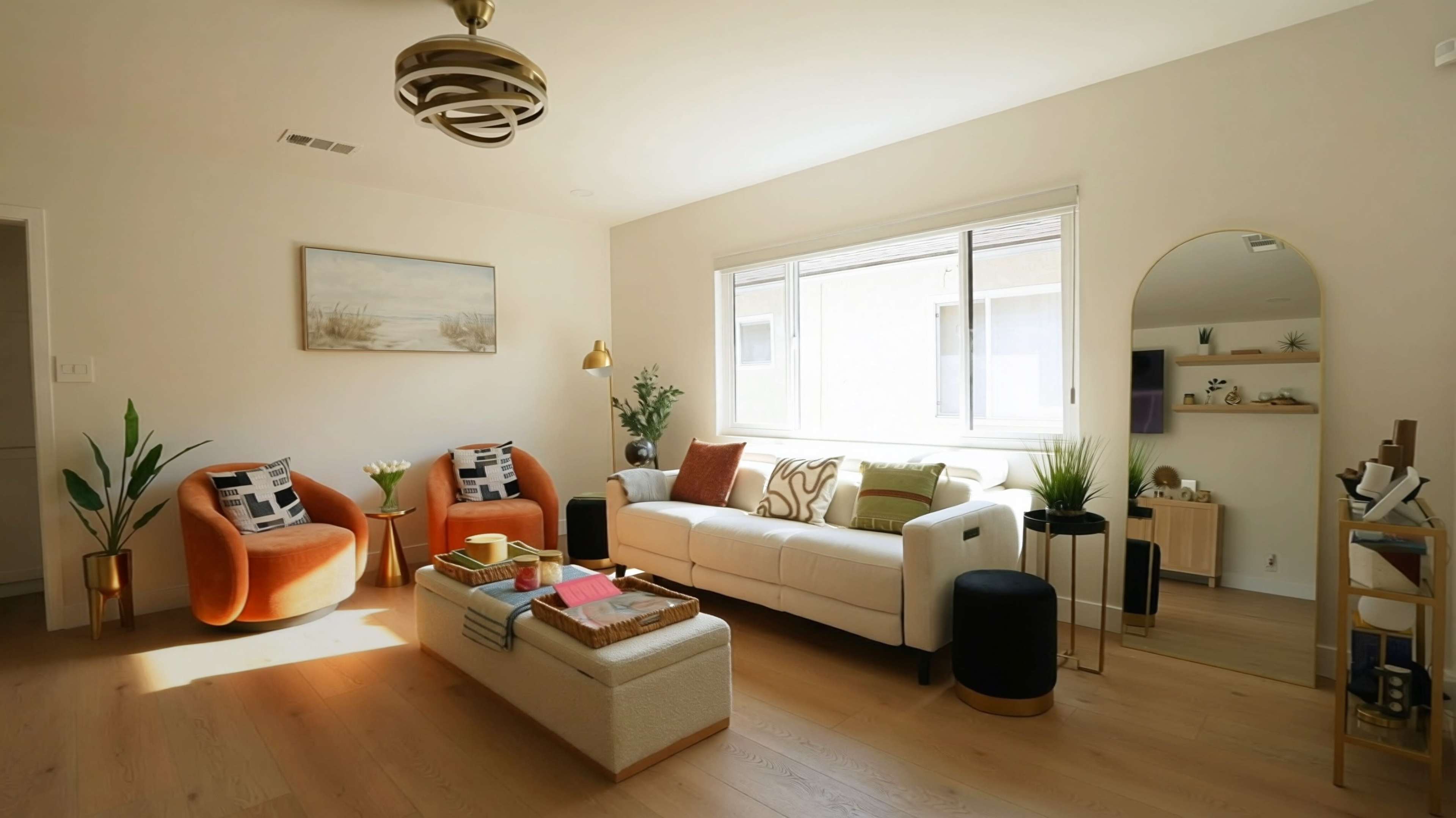 The living room features a white sofa, two orange chairs, a coffee table, plants, and a large window allowing natural light to enter the space.