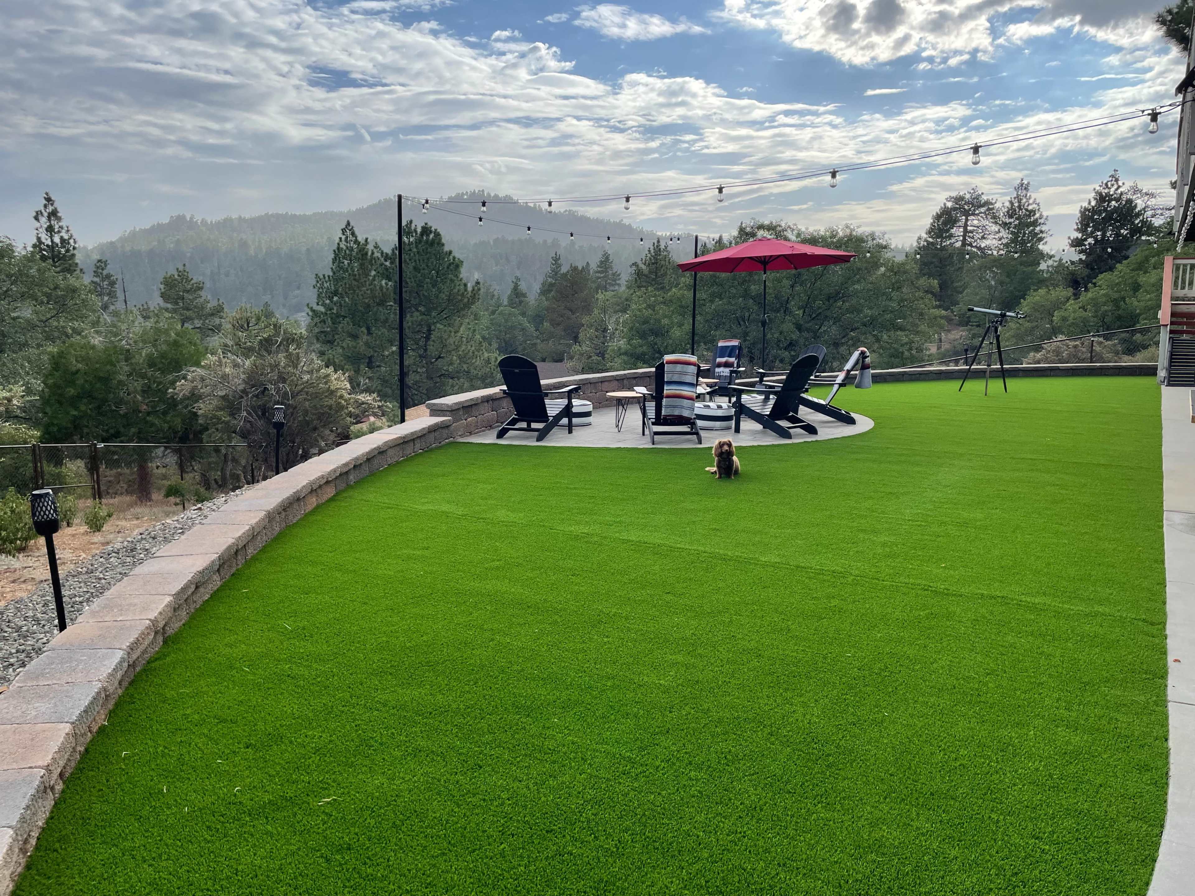 A landscaped backyard with artificial grass, several lounge chairs, a table, and an umbrella, set against a backdrop of trees and mountains.