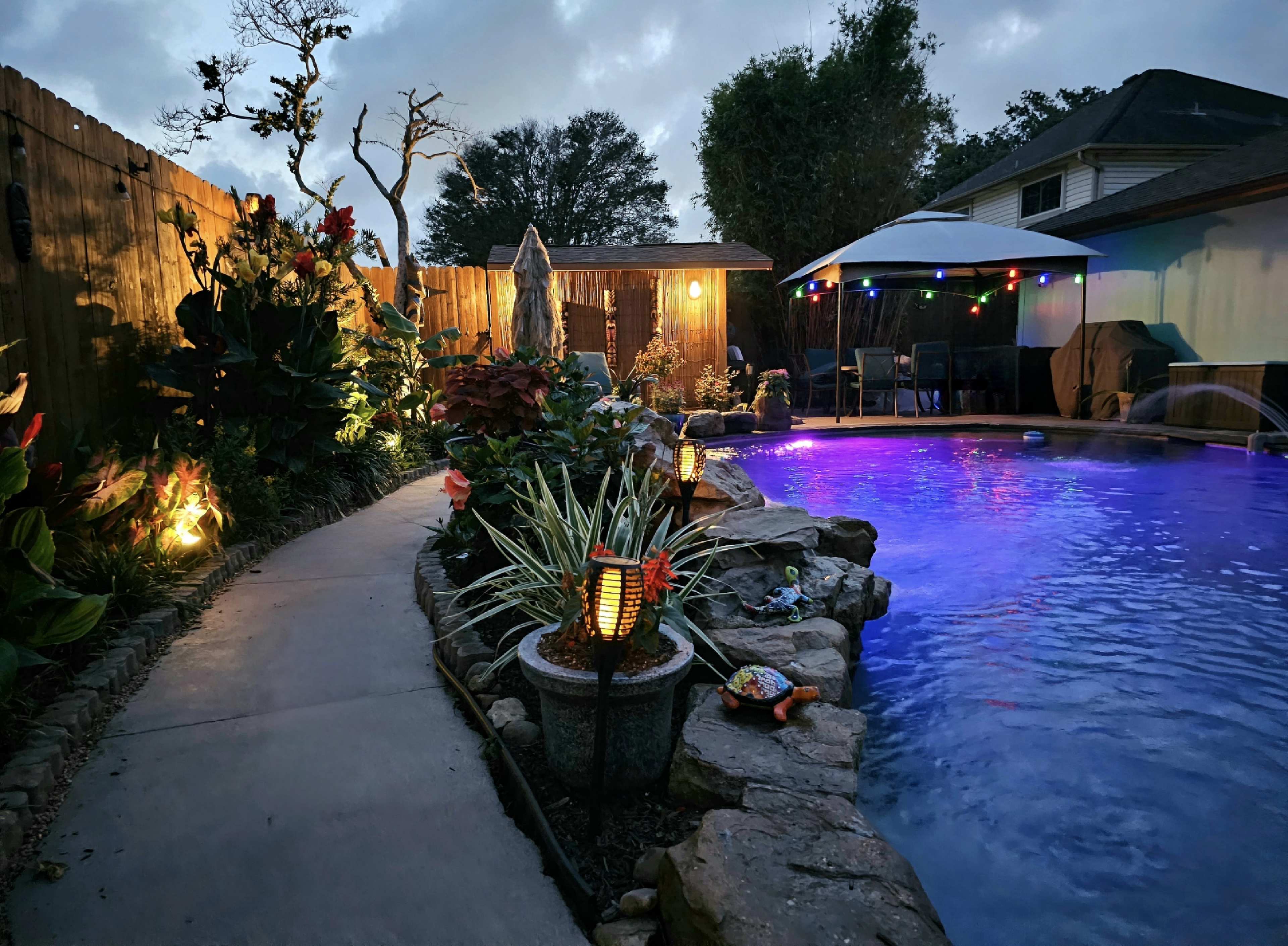 The image shows a backyard scene featuring a swimming pool illuminated by colorful lights, surrounded by lush plants and a stone pathway.