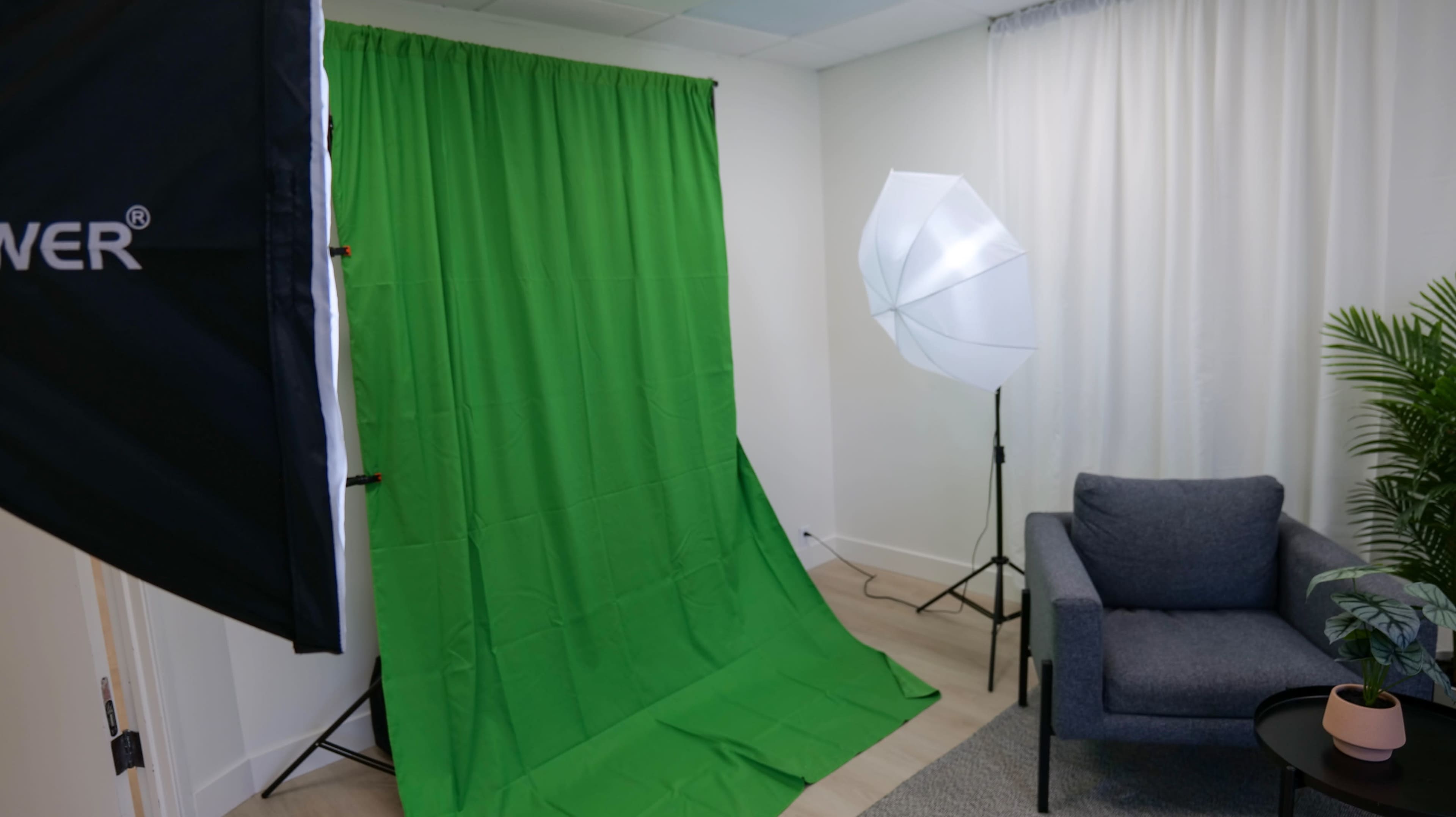 A photography setup featuring a green backdrop, a softbox light, and a gray sofa in a well-lit room.