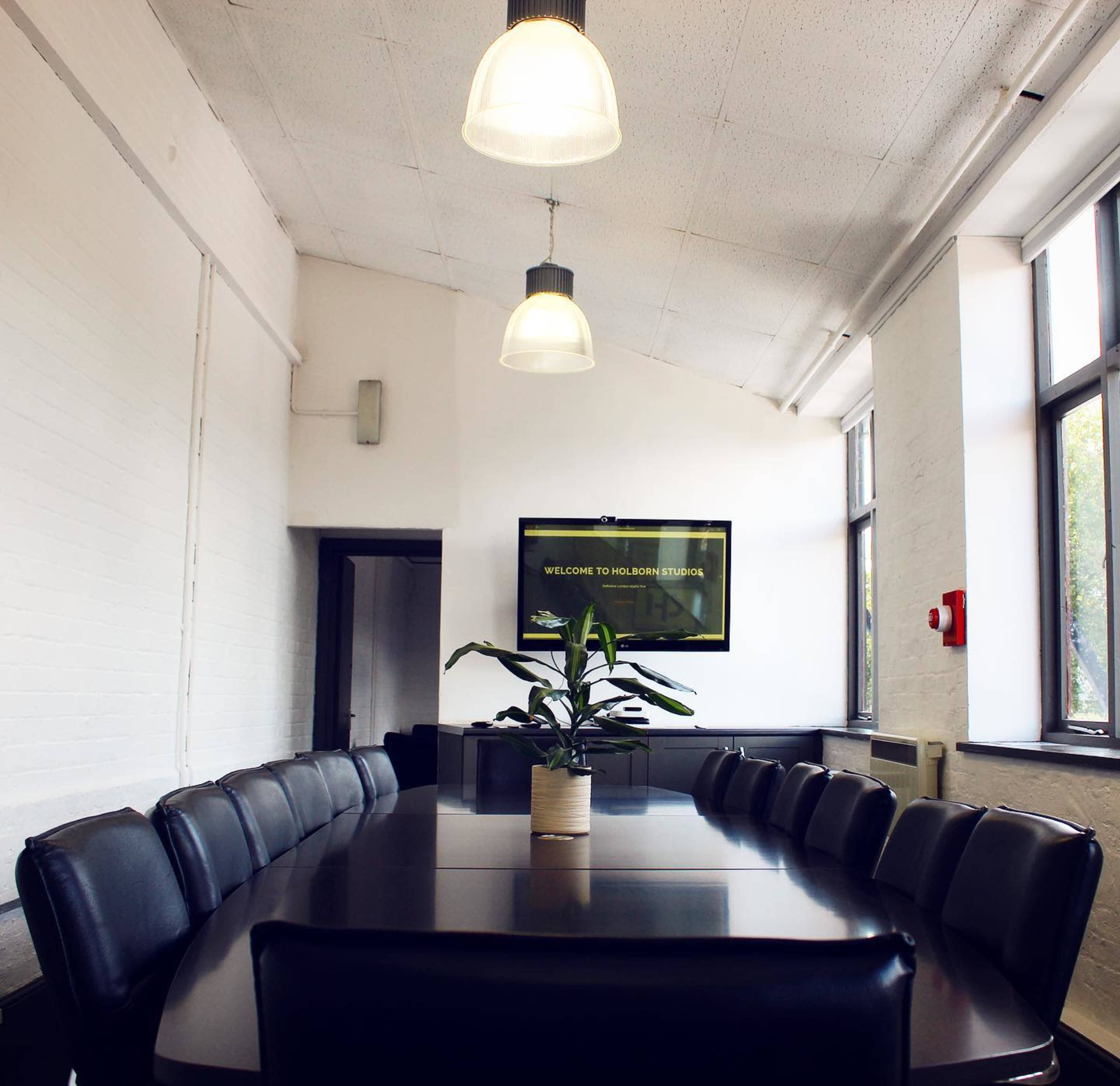 A long conference table is set in a well-lit meeting room featuring large windows, with a potted plant at the center and a television screen mounted on the wall.