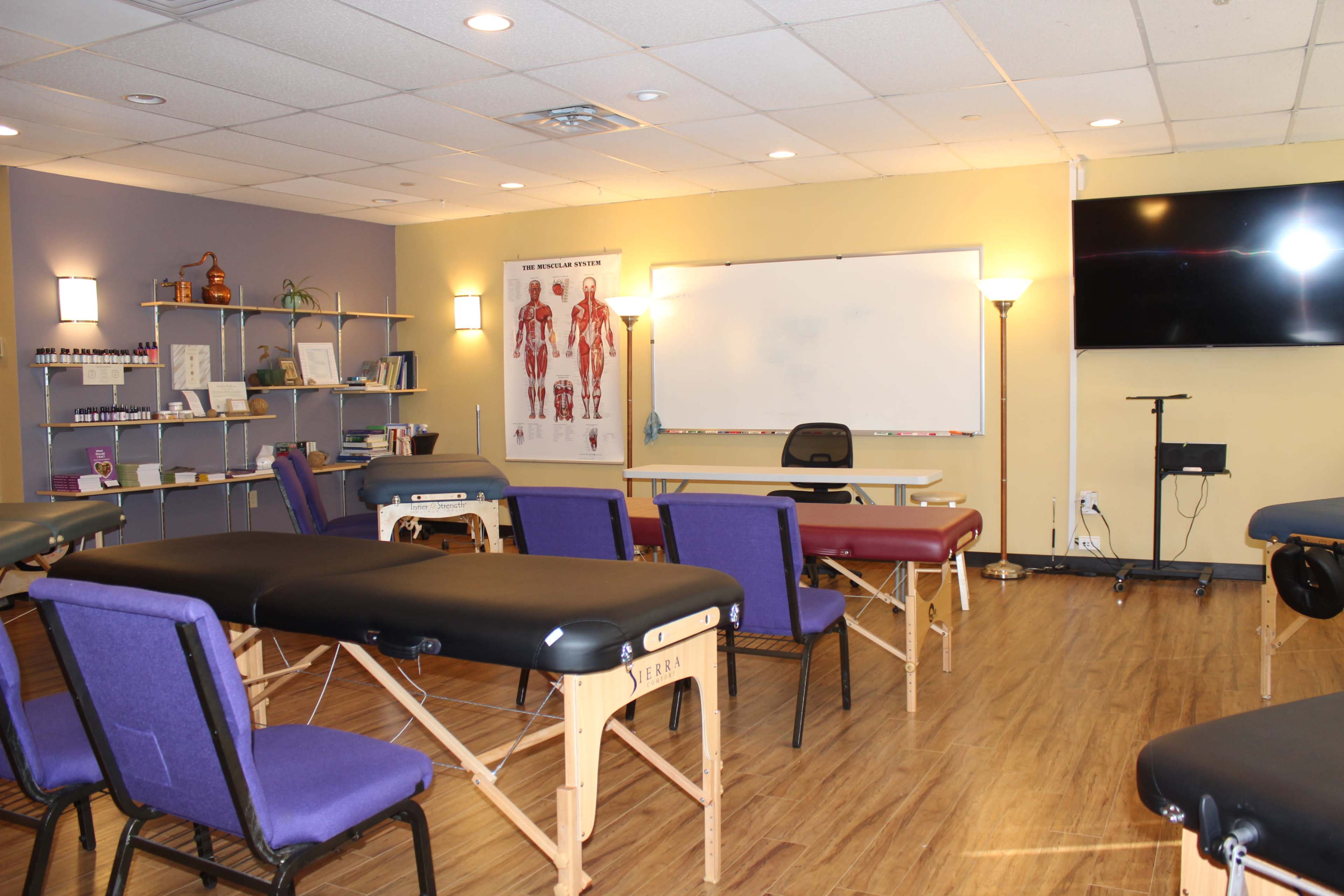 A therapy room with several massage tables, purple chairs, and anatomical charts on the walls.