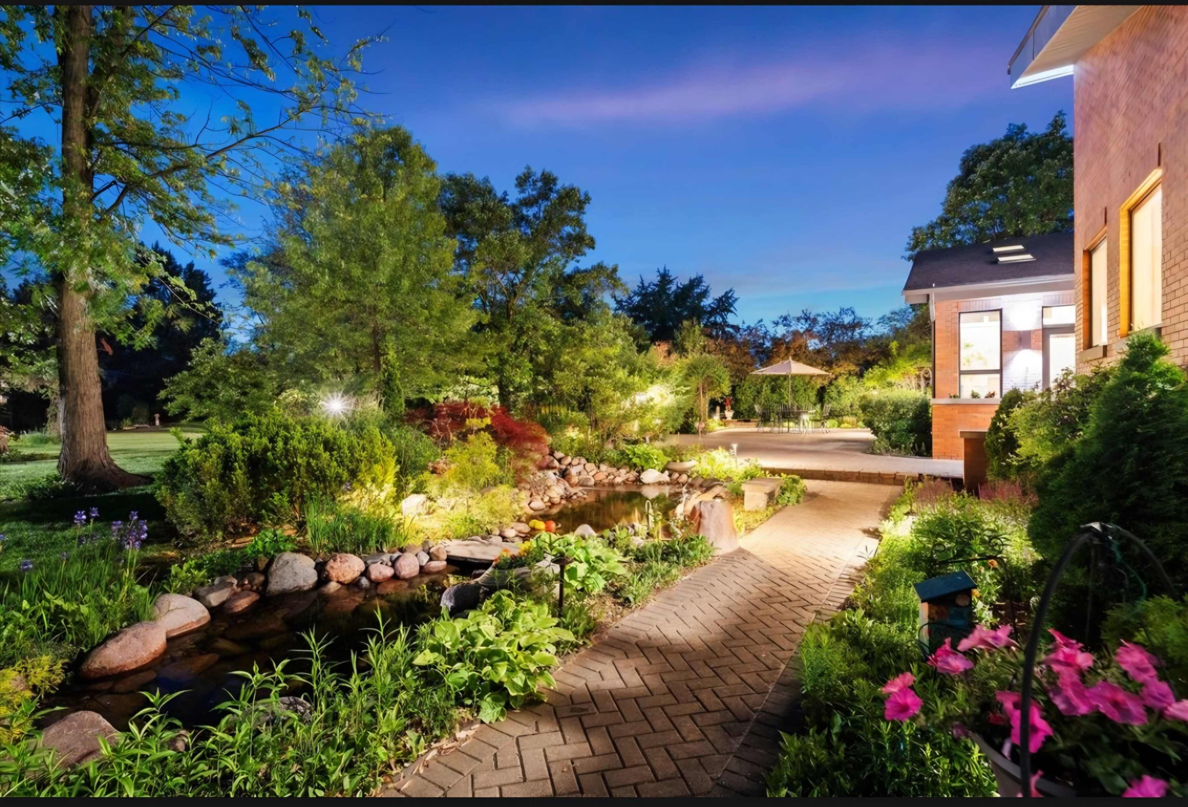 A winding brick path leads through a lush garden with a small stream and patio area, illuminated by soft lighting under a twilight sky.