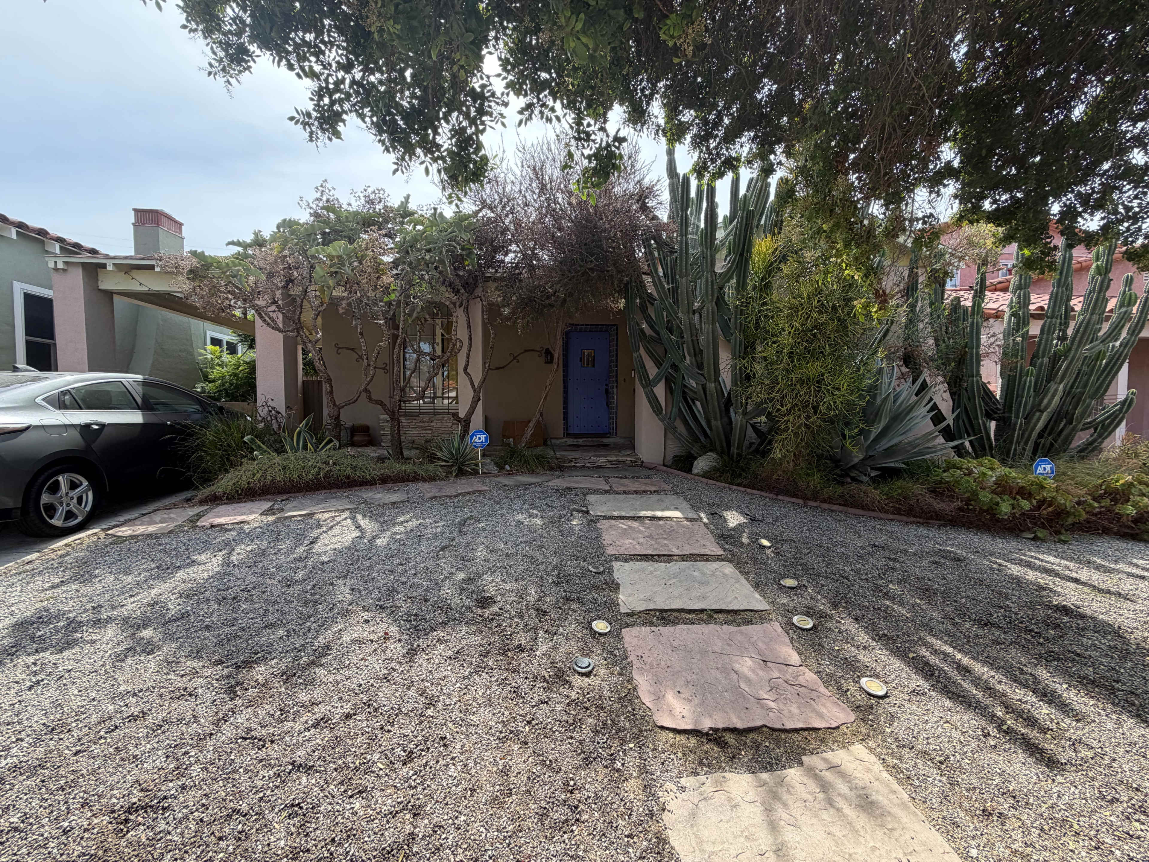 The image shows a pathway leading to a house with a blue door, flanked by various plants and cacti, with gravel lining the entrance.
